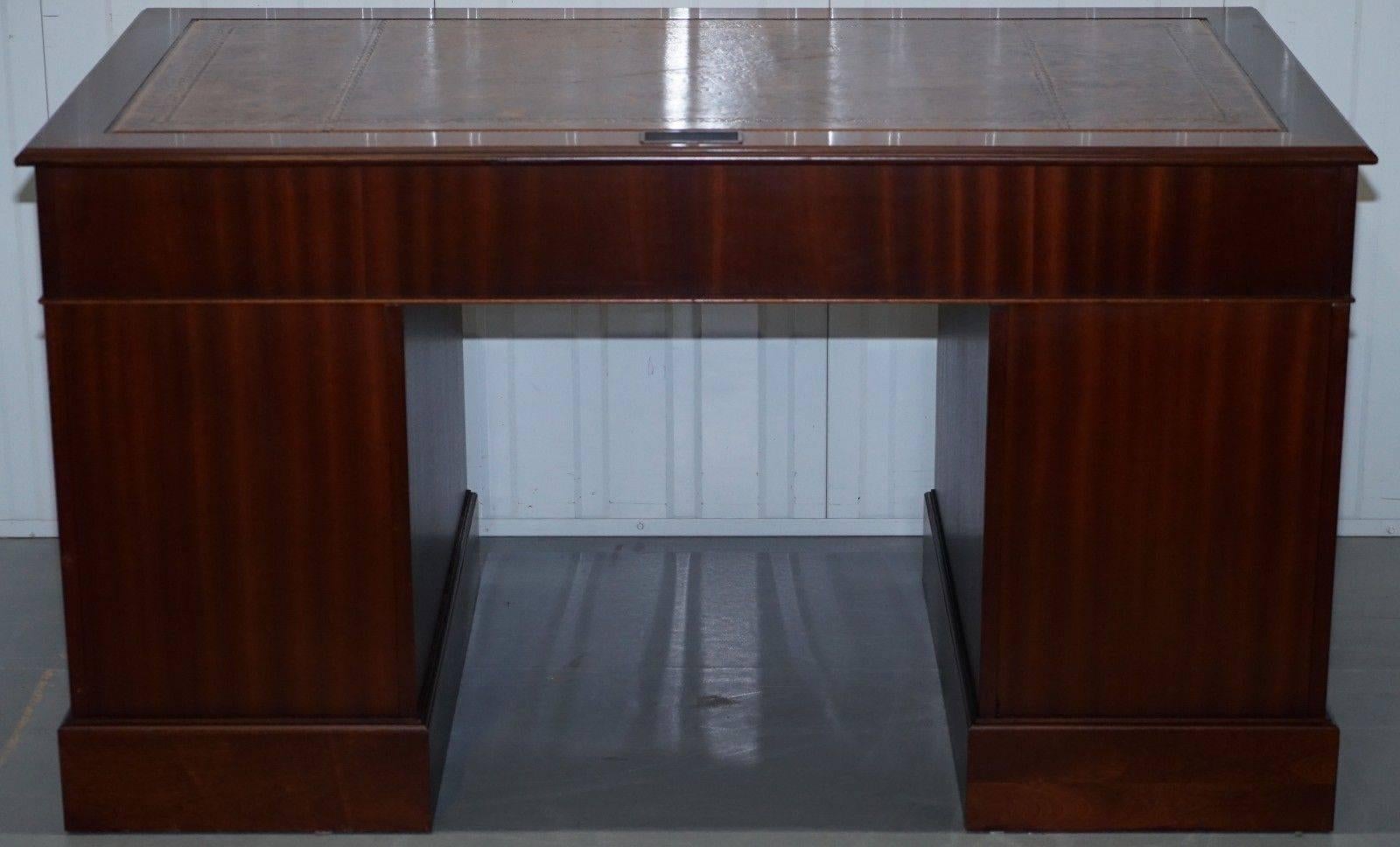 20th Century Hardwood Twin Pedestal Partner Desk Leather Top Designed to House Computer
