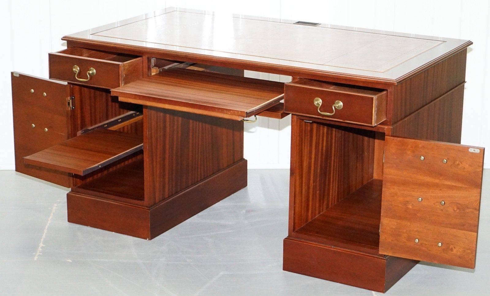 Hardwood Twin Pedestal Partner Desk Leather Top Designed to House Computer For Sale 1