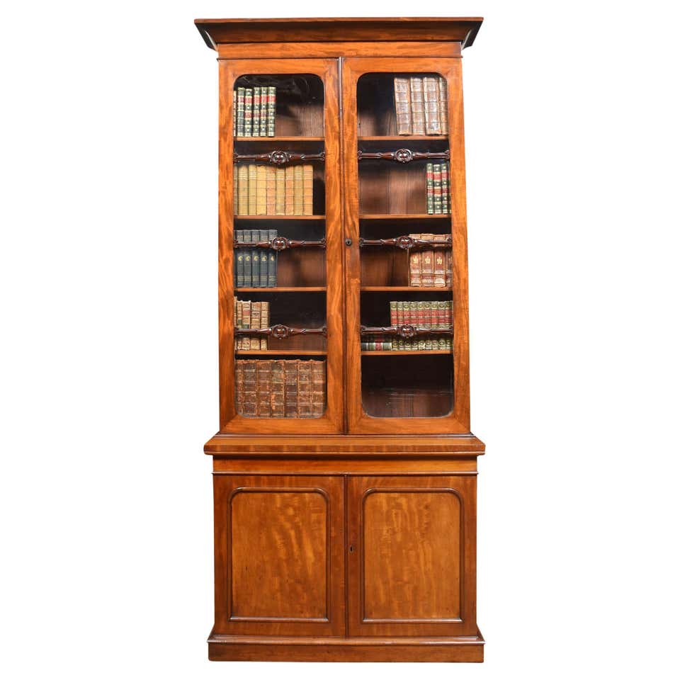 Carved Lion Head Mahogany Locking Glass Door Bookcase Bookshelf at 1stDibs