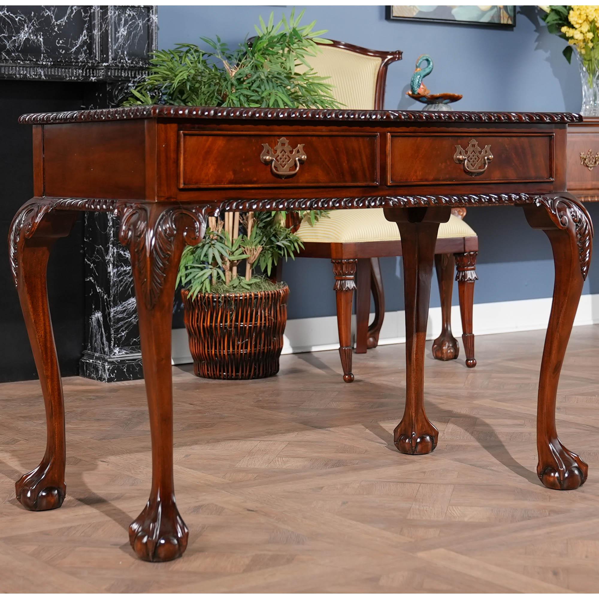 Hand-Carved Mahogany Two Drawer Console For Sale