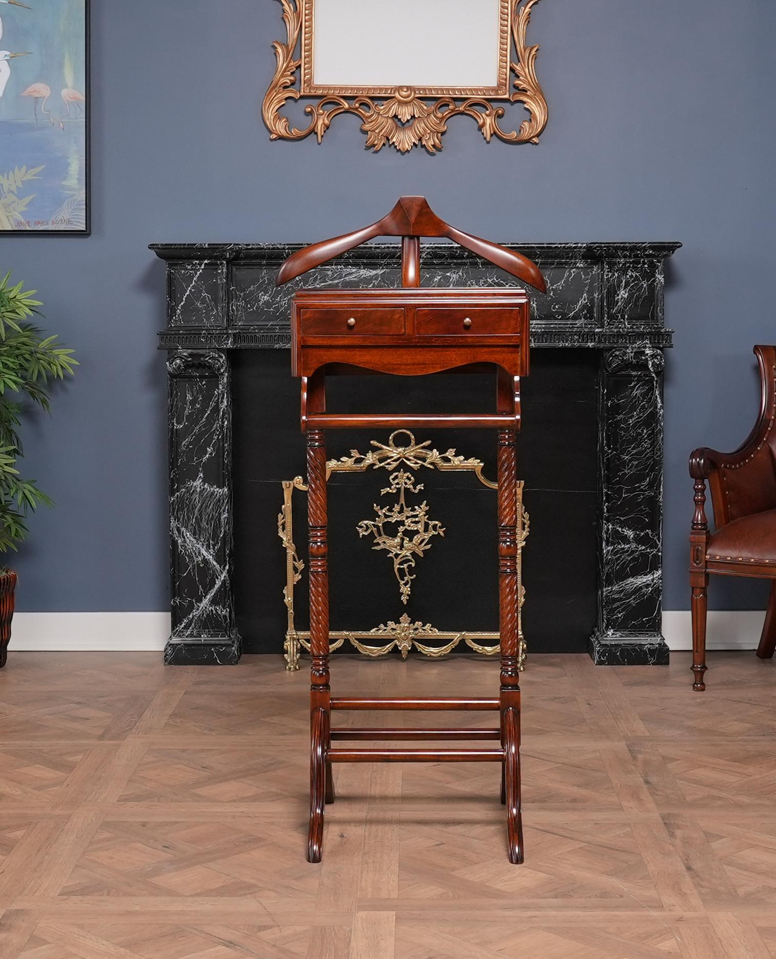 A most useful and decorative item, the Mahogany Valet as produced by Niagara Furniture. Using select solid mahogany and mahogany veneers our artisans produce this item using great quality construction as evidenced by the hand carved details,