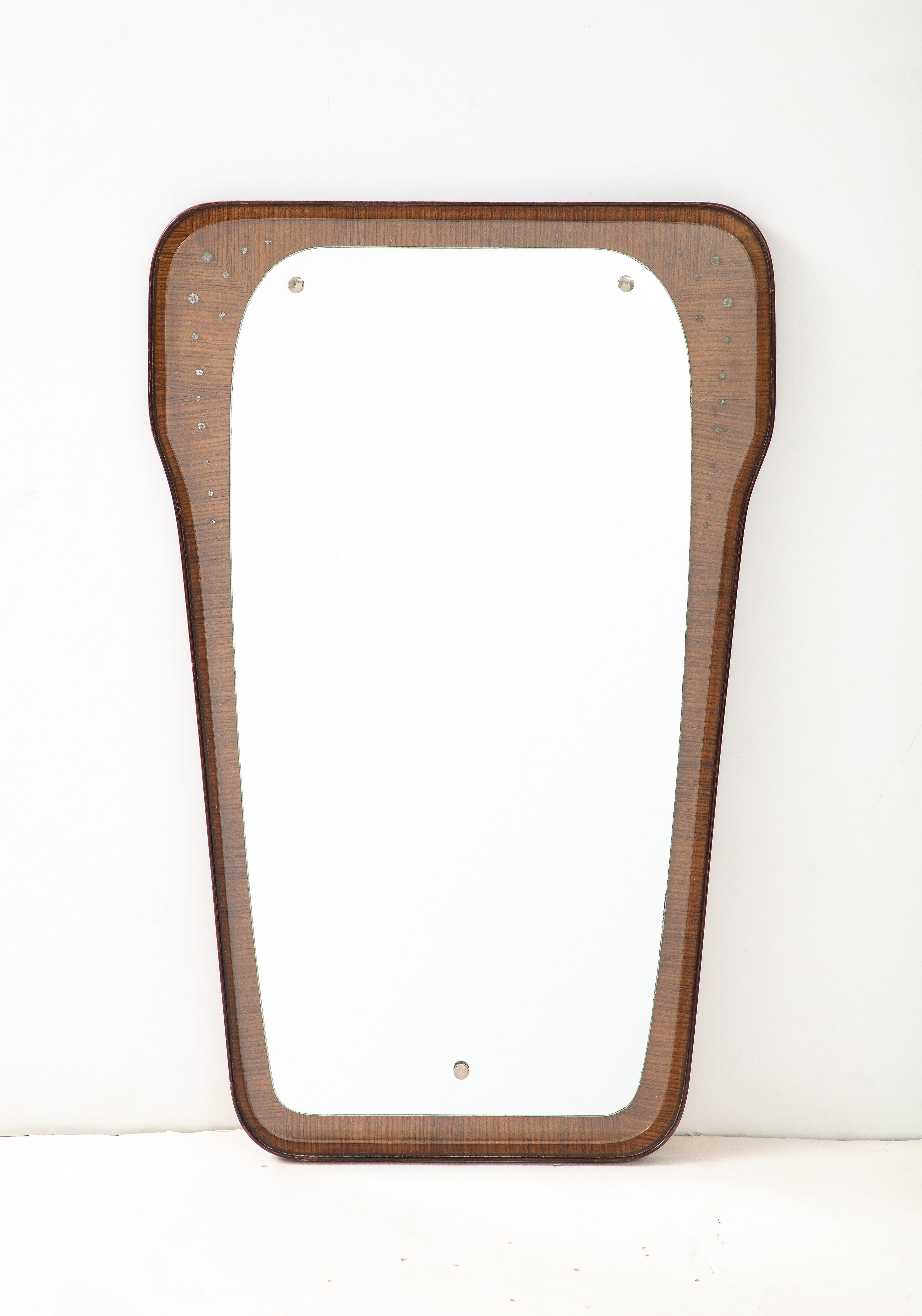 Modern Mahogany Wall Mirror with Inlaid Metal, Italy, c. 1960 For Sale