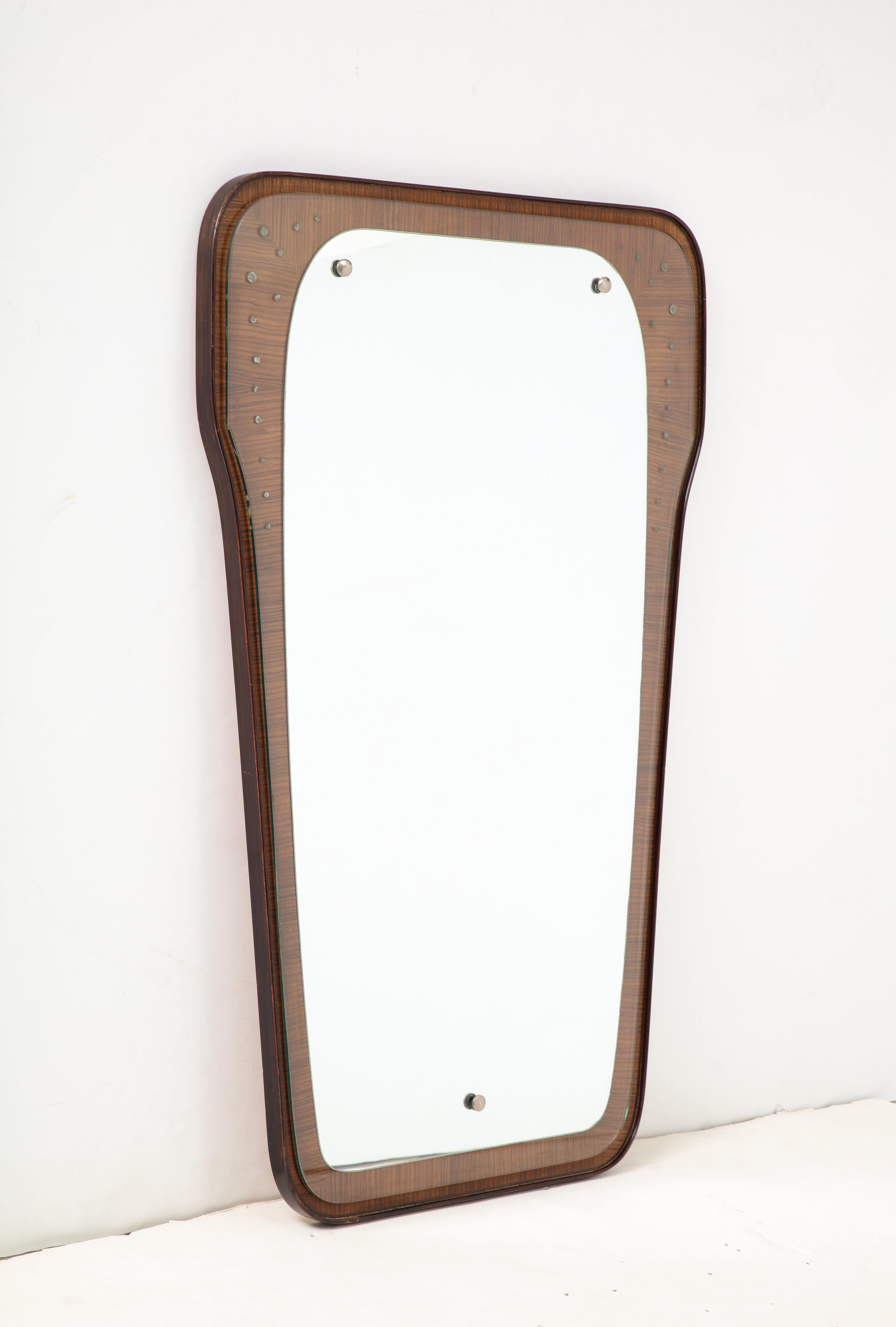 Italian Mahogany Wall Mirror with Inlaid Metal, Italy, c. 1960 For Sale