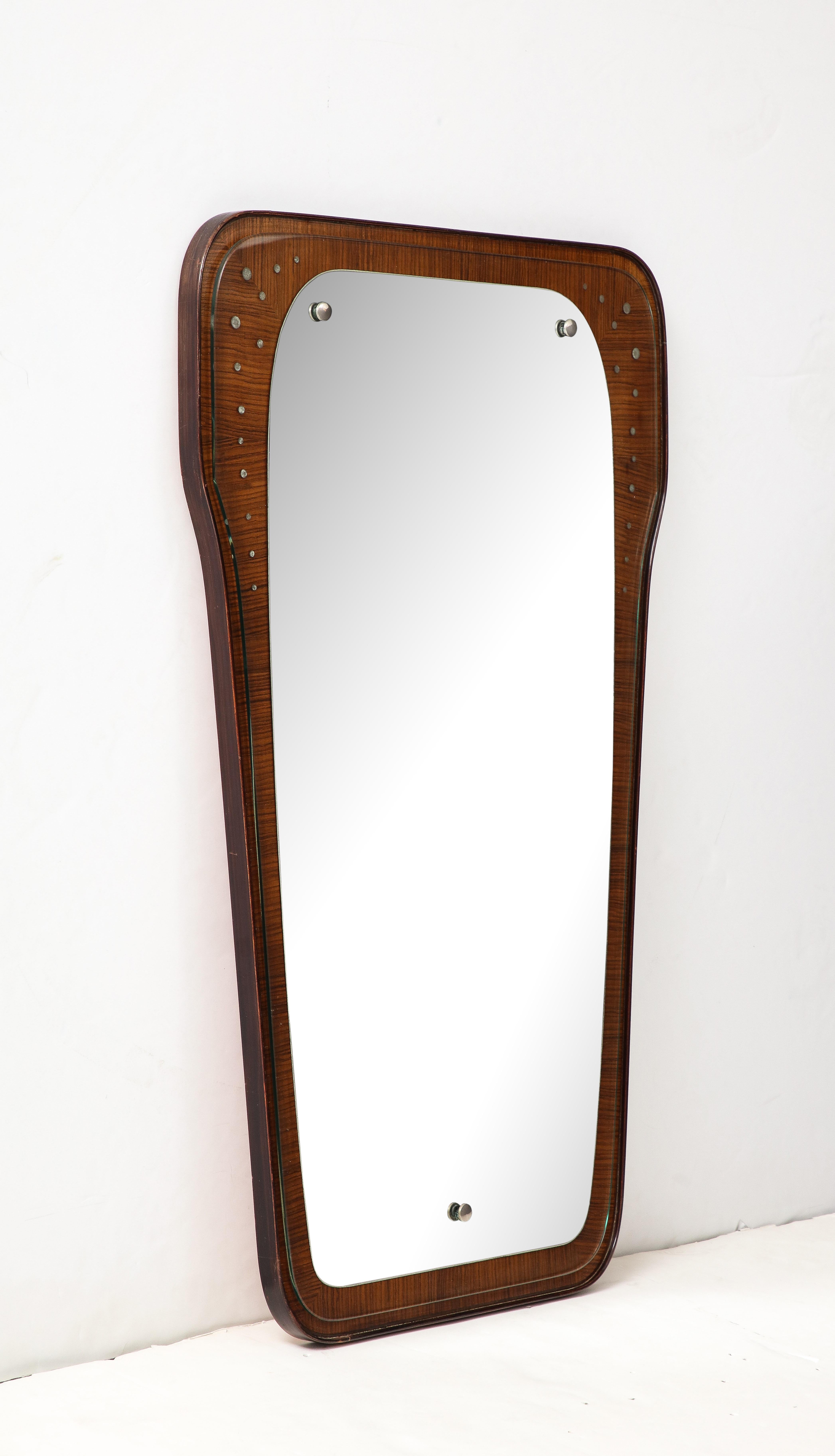 Mahogany Wall Mirror with Inlaid Metal, Italy, c. 1960 In Excellent Condition For Sale In New York City, NY