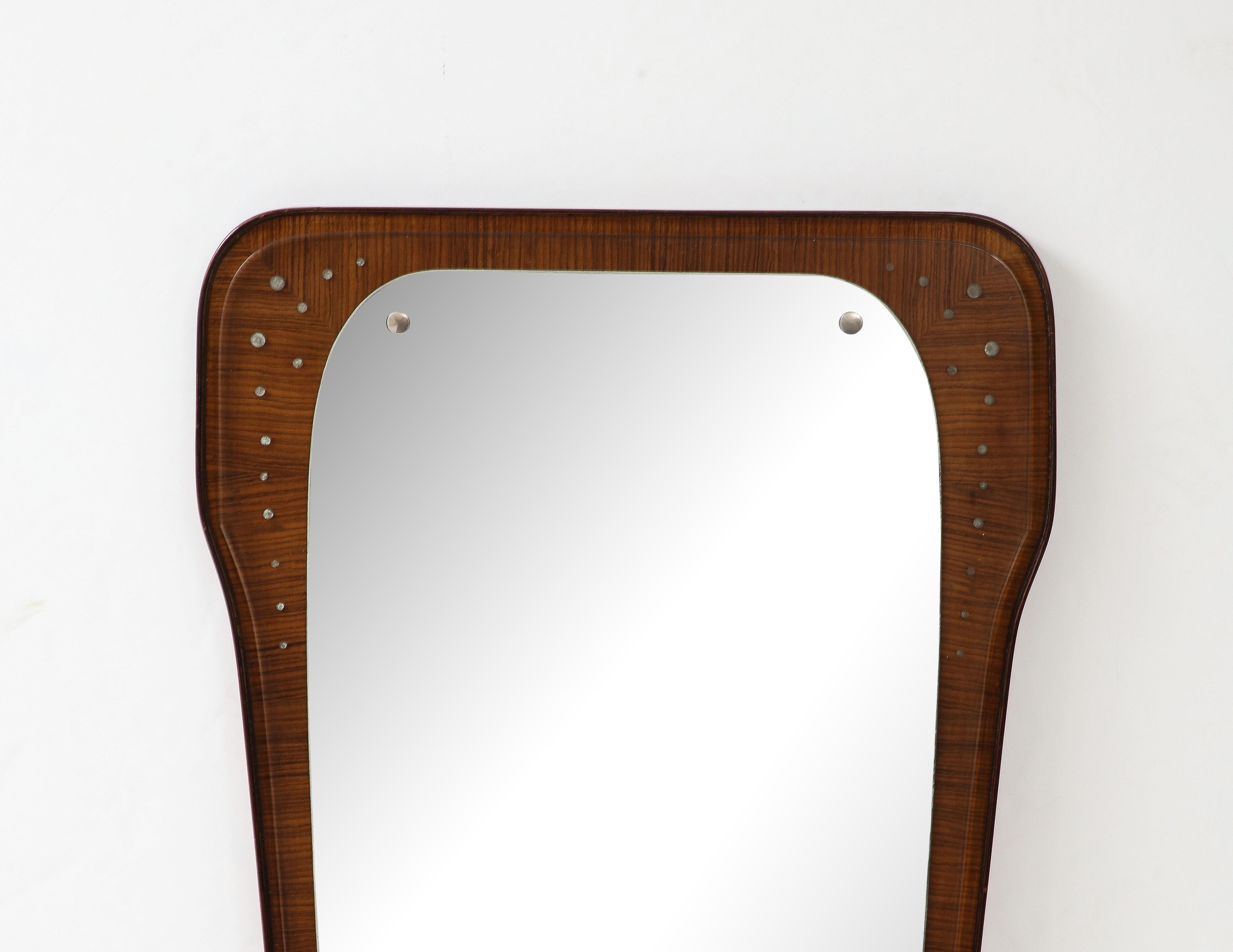 Midcentury Mahogany Wall Mirror with Inlaid Metal, Italy, c. 1960 For Sale 1