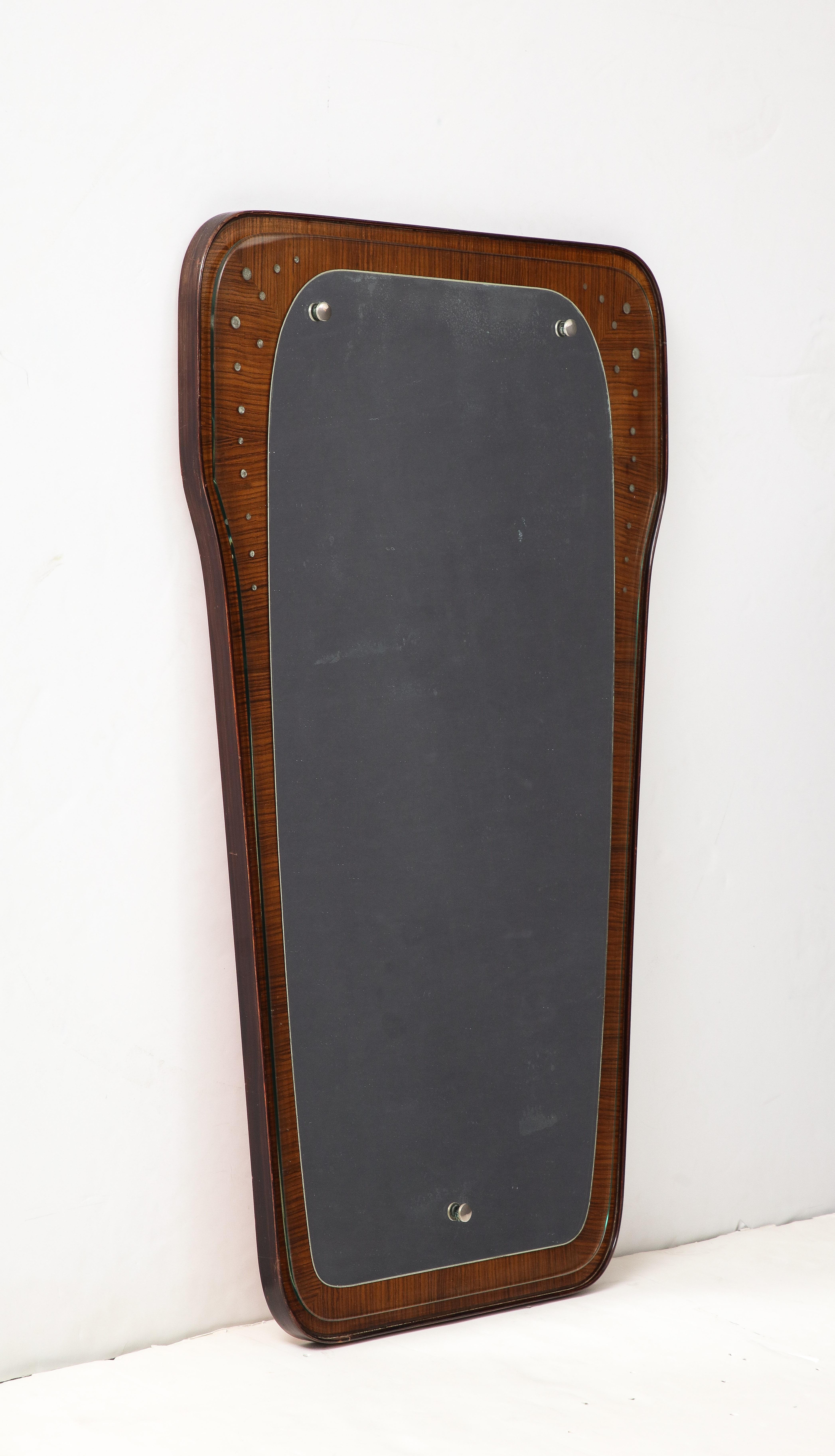 Midcentury Mahogany Wall Mirror with Inlaid Metal, Italy, c. 1960 For Sale 3