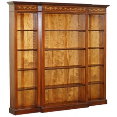 Vintage Mahogany and Walnut Marquetry Inlaid Breakfront Library Bookcase Part of Suite