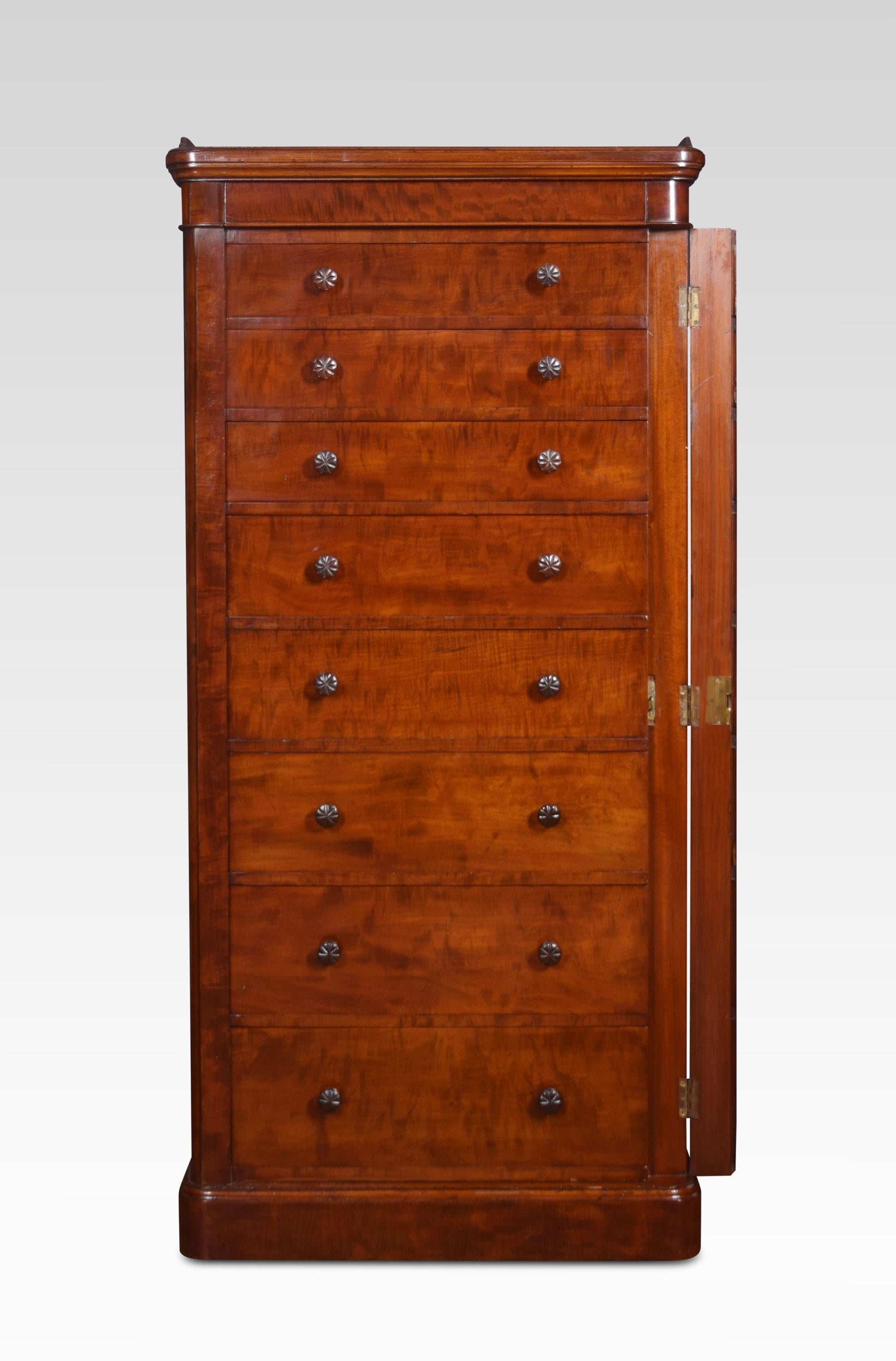 Mahogany Wellington chest having raised three-quarter galley above nine graduated drawers with unusual secret drawer at the top. The right-hand pilaster hinged to act as the traditional “Wellington” chest locking mechanism. all raised up on a plinth