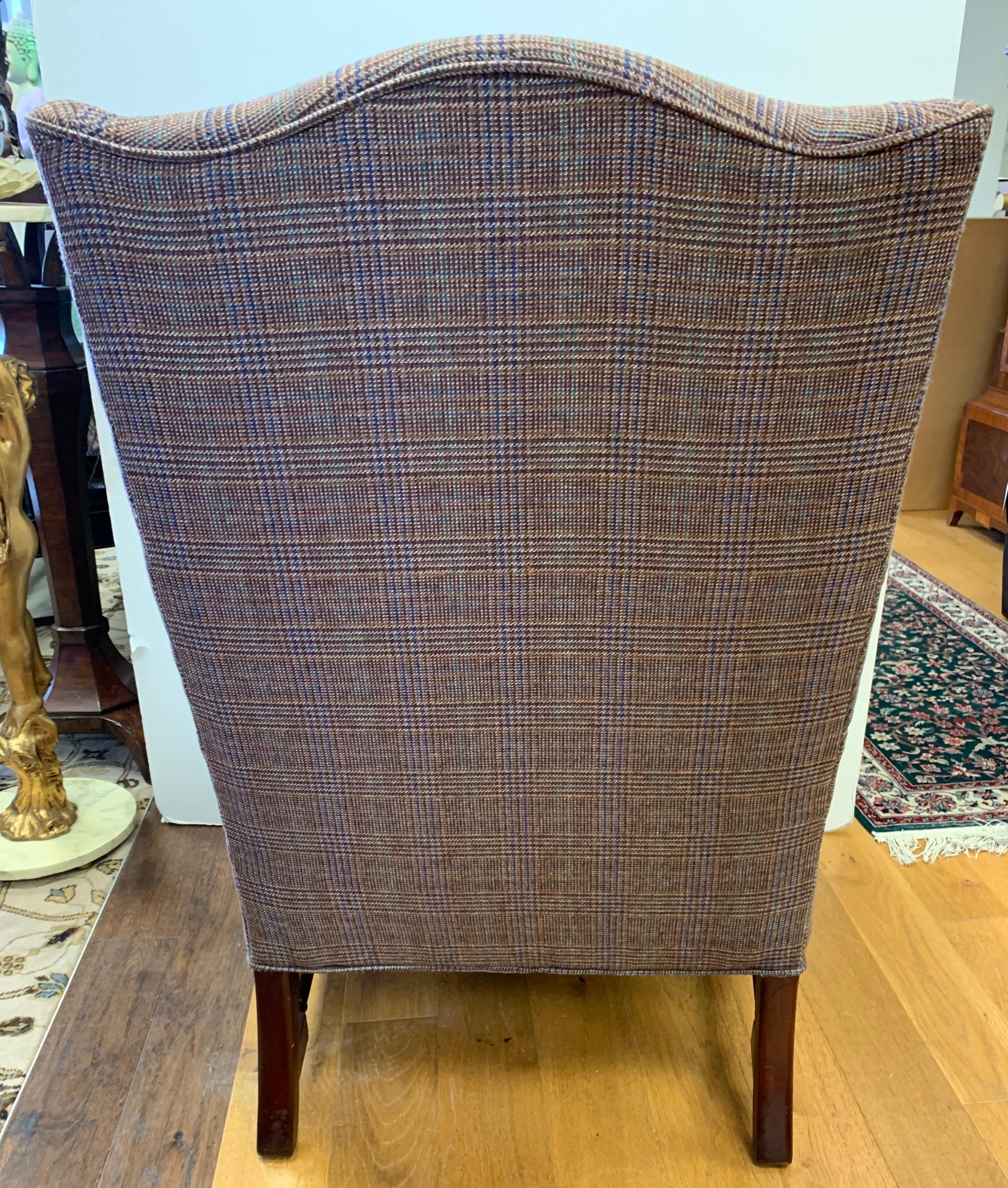 Federal Mahogany Wingback Chair Newly Upholstered with Ralph Lauren Tartan Wool