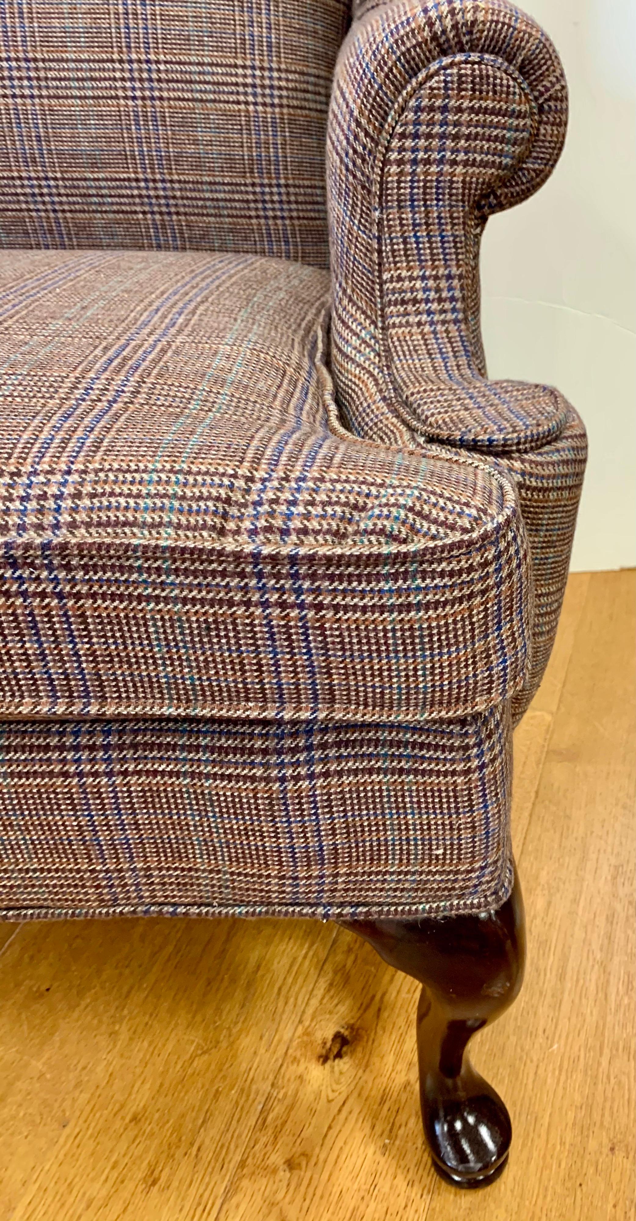 Mahogany Wingback Chair Newly Upholstered with Ralph Lauren Tartan Wool In Good Condition In West Hartford, CT