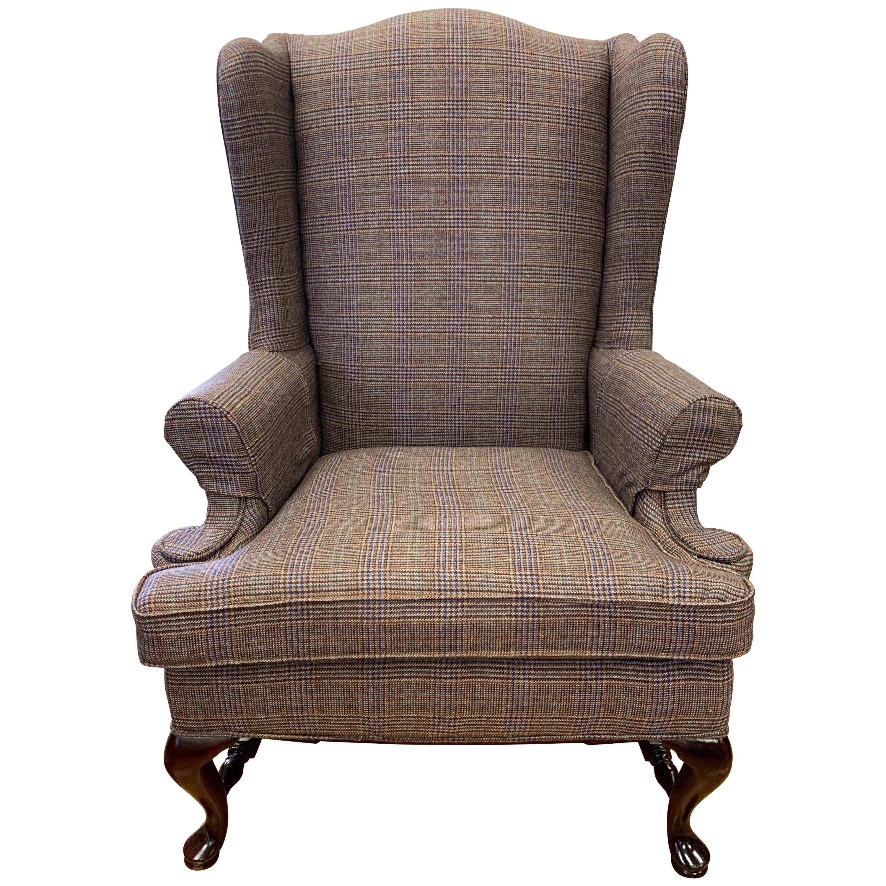 Mahogany Wingback Chair Newly Upholstered with Ralph Lauren Tartan Wool