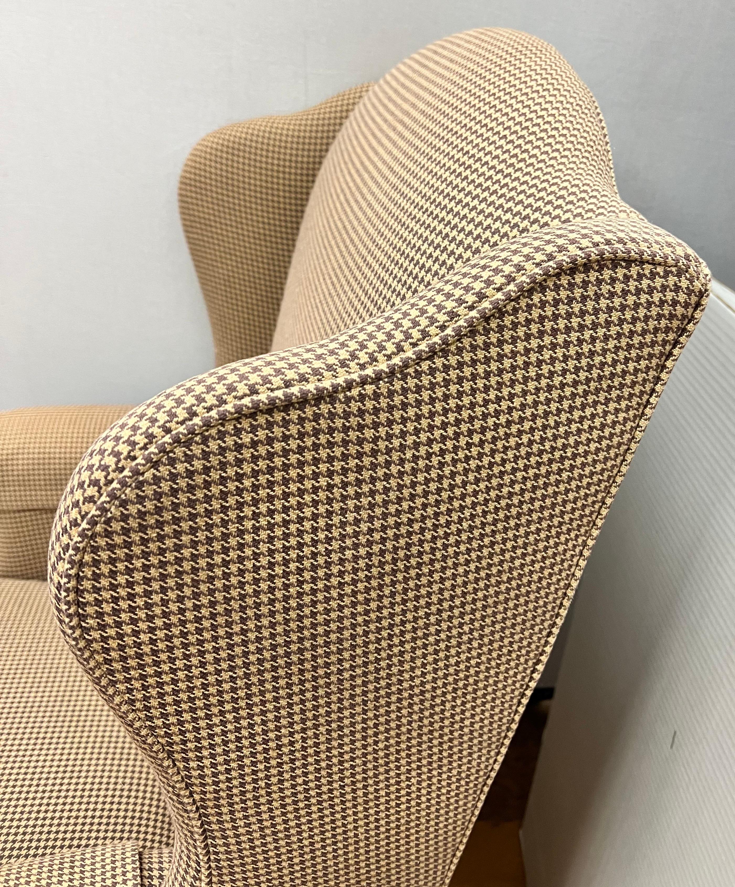 Chippendale Mahogany Wingback Reading Chair with Houndstooth Upholstery 