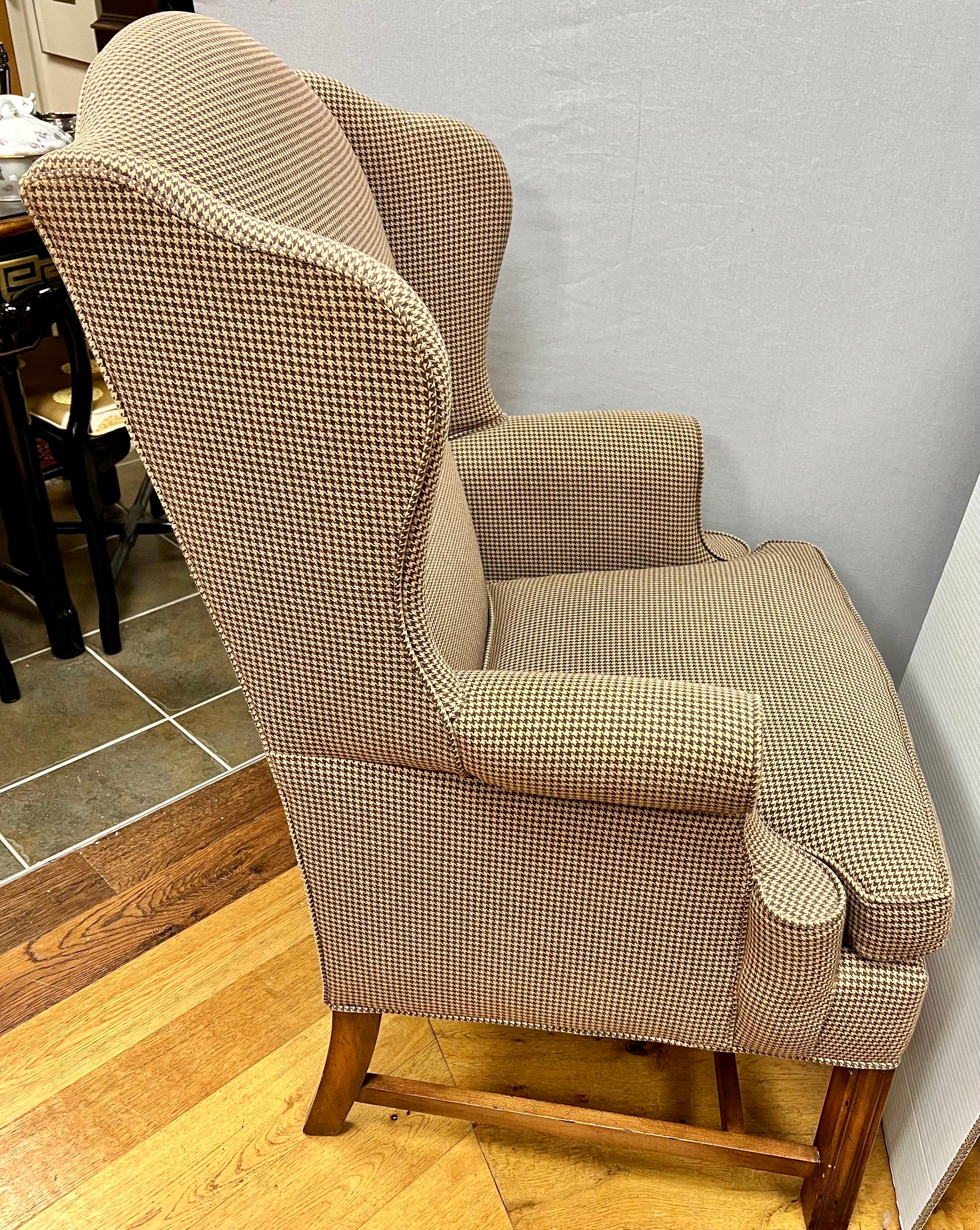 Mahogany Wingback Reading Chair with Houndstooth Upholstery  In Good Condition In West Hartford, CT