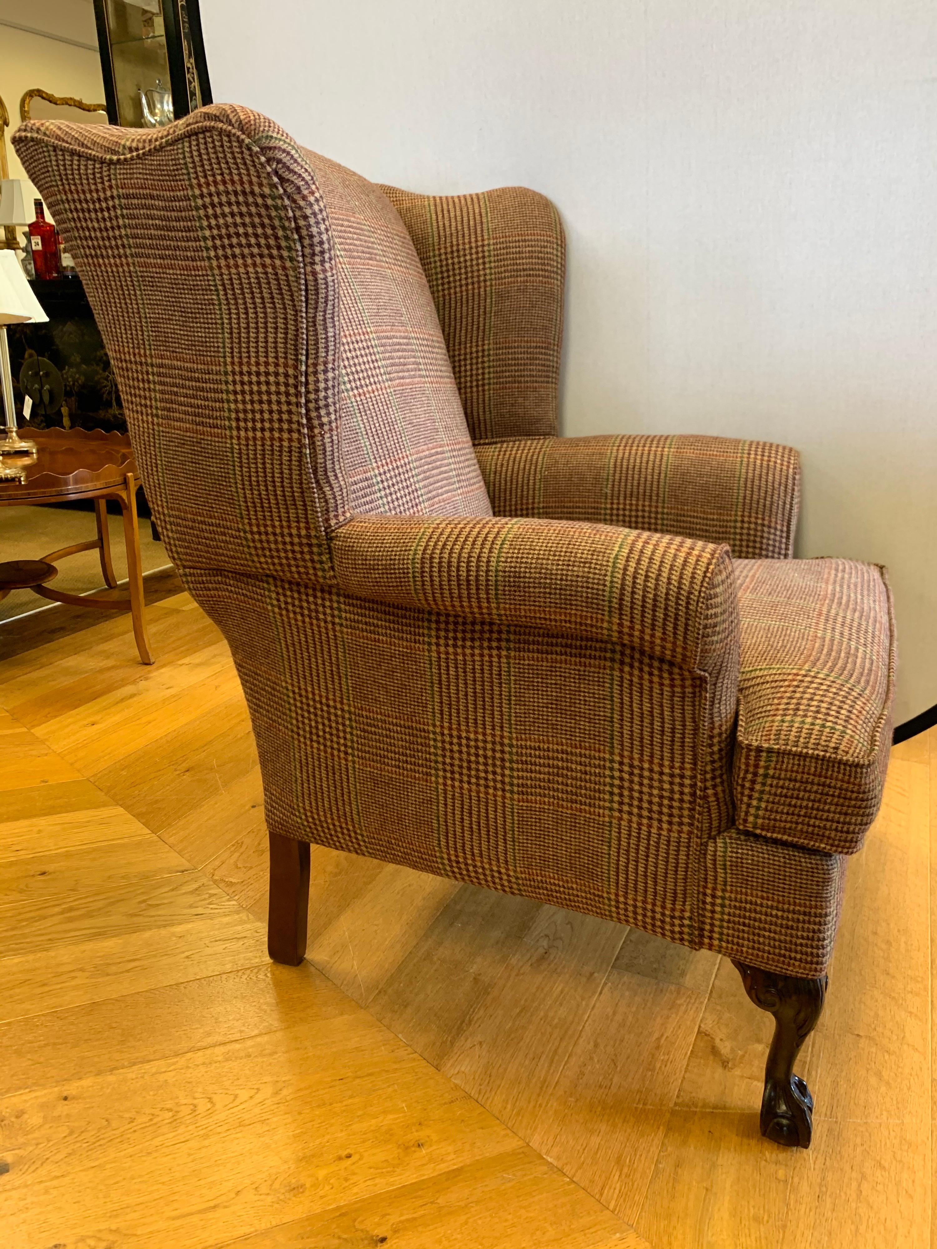 Mahogany Wingback Reading Chair Newly Upholstered with Ralph Lauren Tartan Wool 3