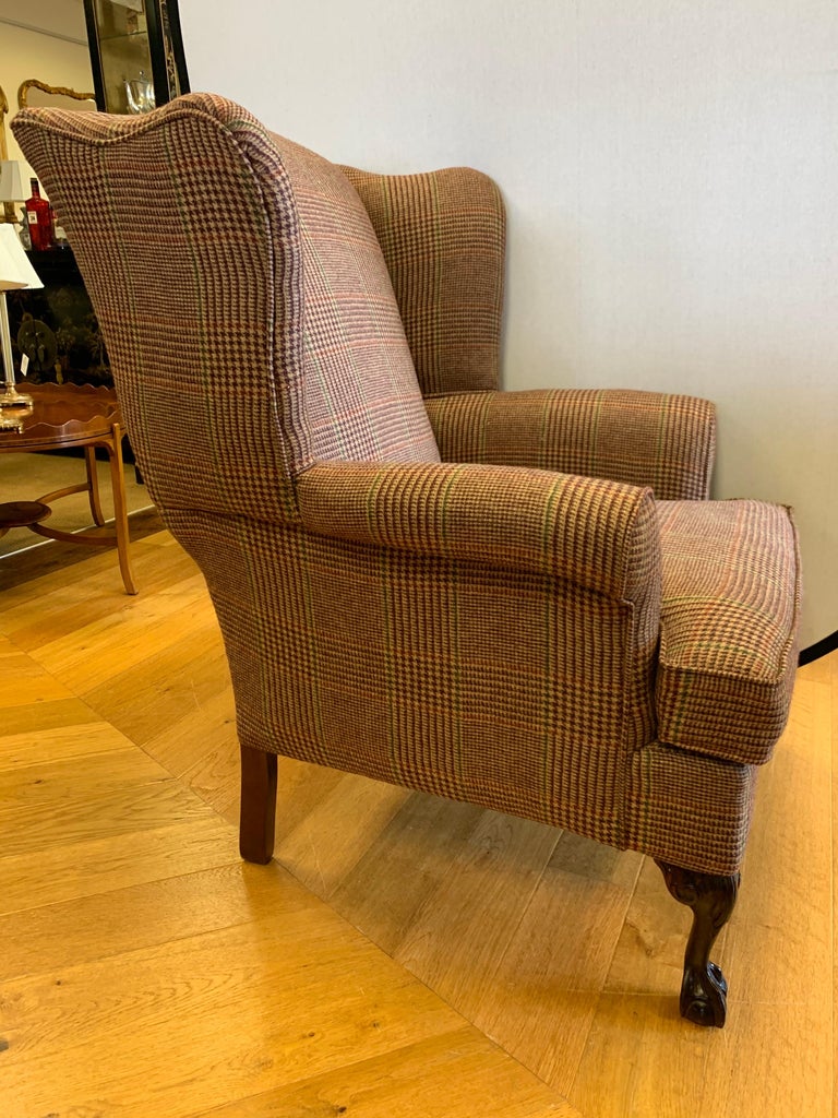 Mahogany Wingback Reading Chair Newly Upholstered with Ralph Lauren