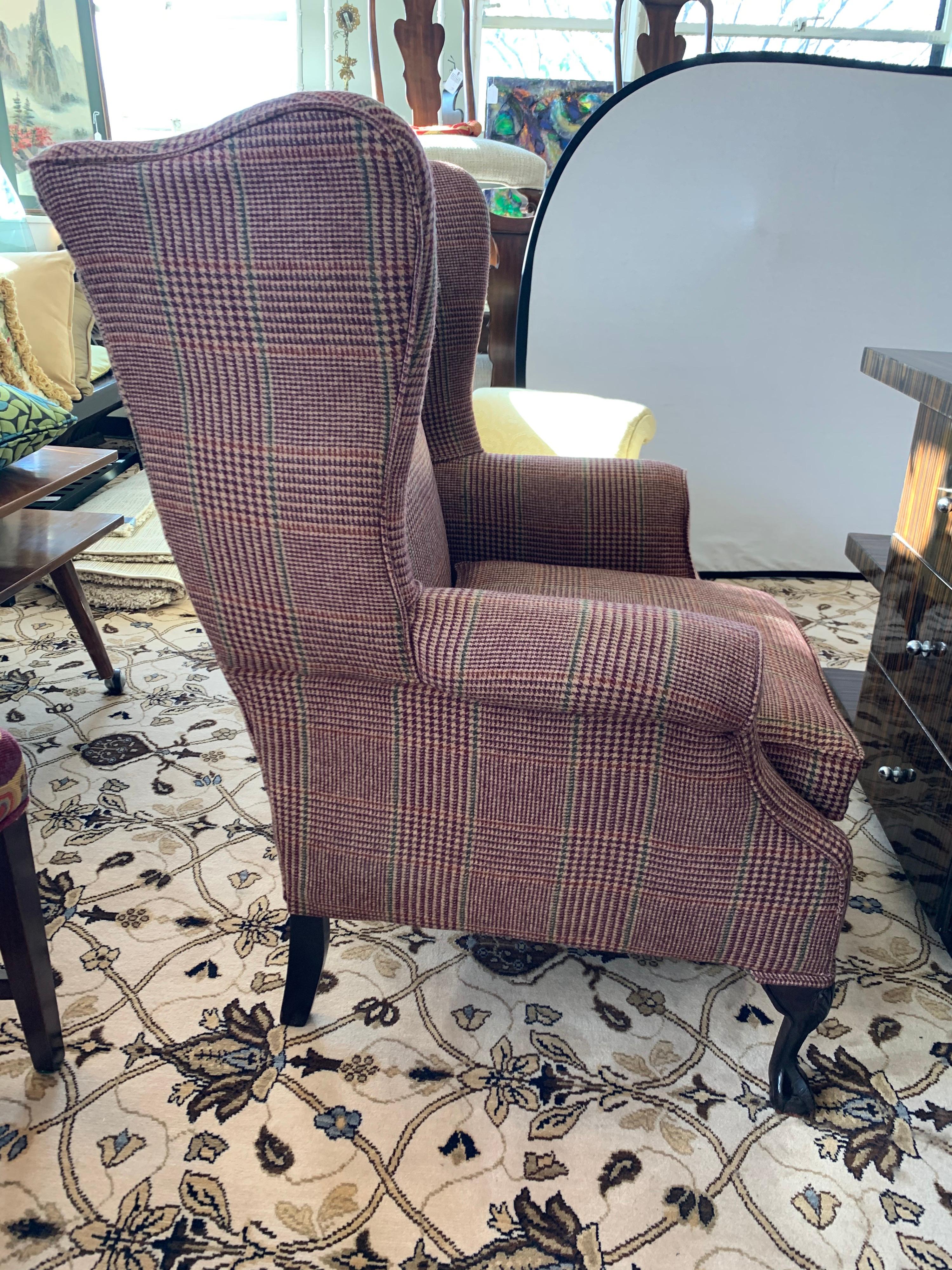 Mahogany Wingback Reading Chair Newly Upholstered with Ralph Lauren Tartan Wool 5