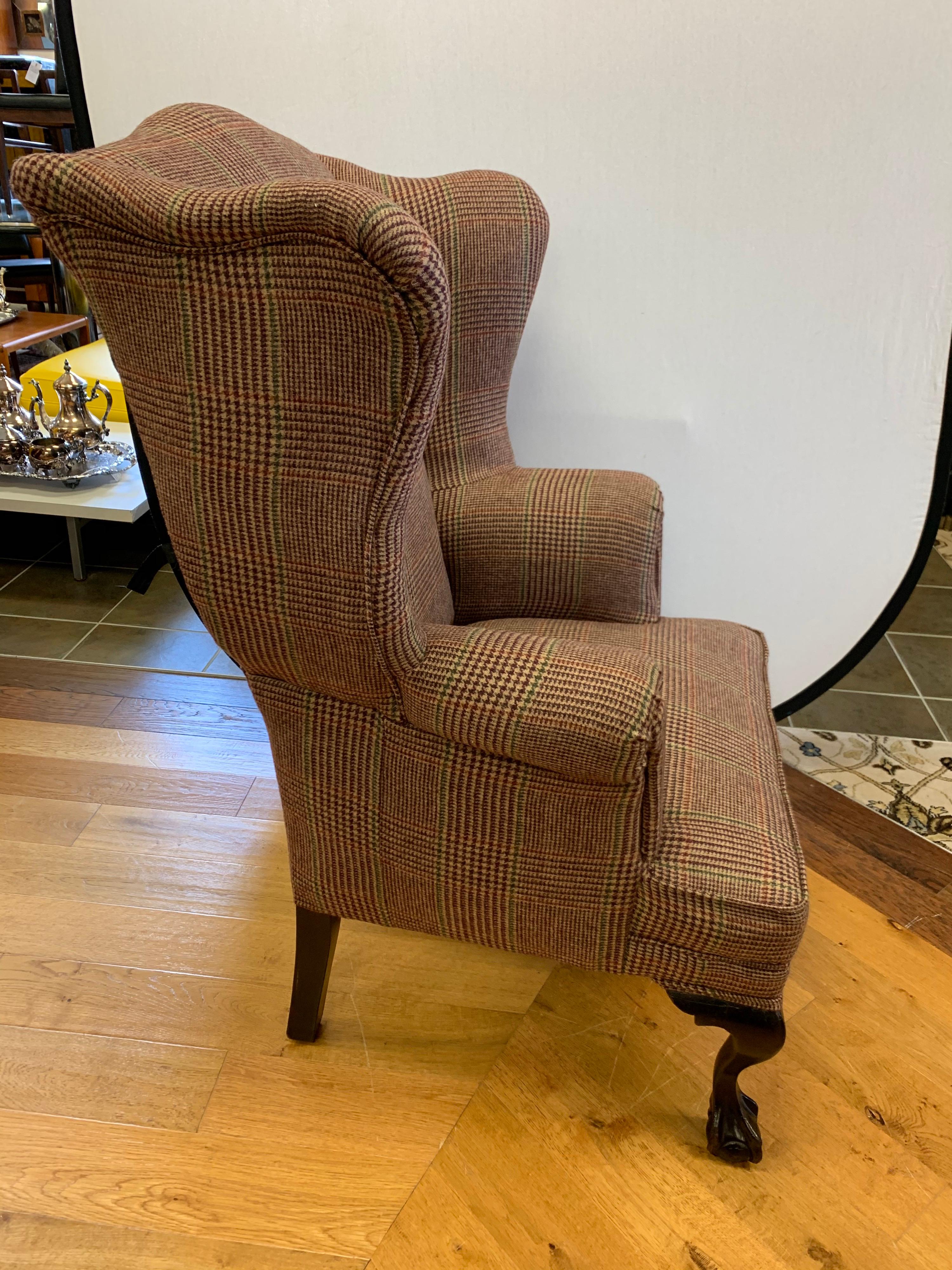 Mahogany Wingback Reading Chair Newly Upholstered with Ralph Lauren Tartan Wool 4
