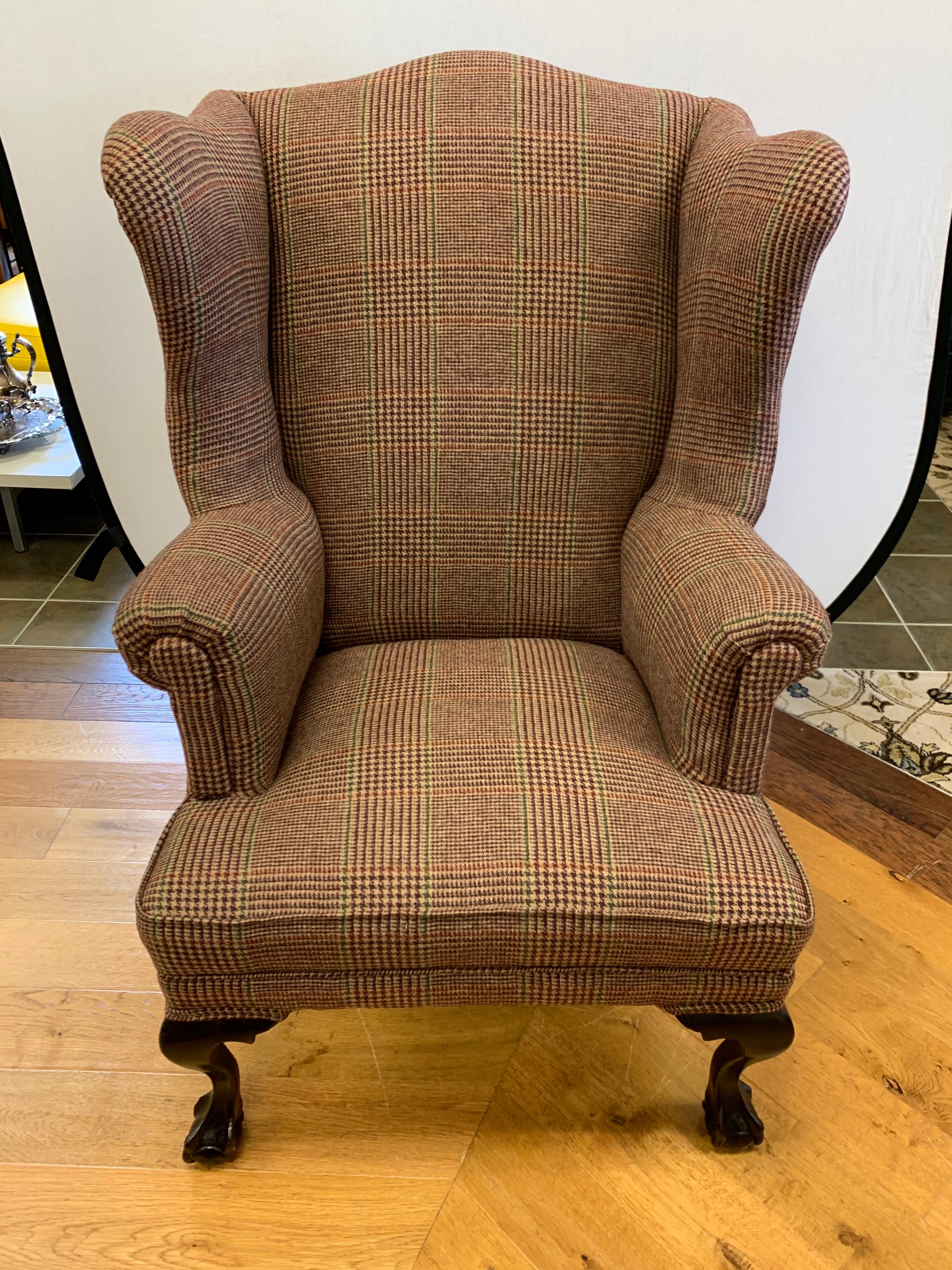 Mahogany Wingback Reading Chair Newly Upholstered with Ralph Lauren Tartan Wool 5
