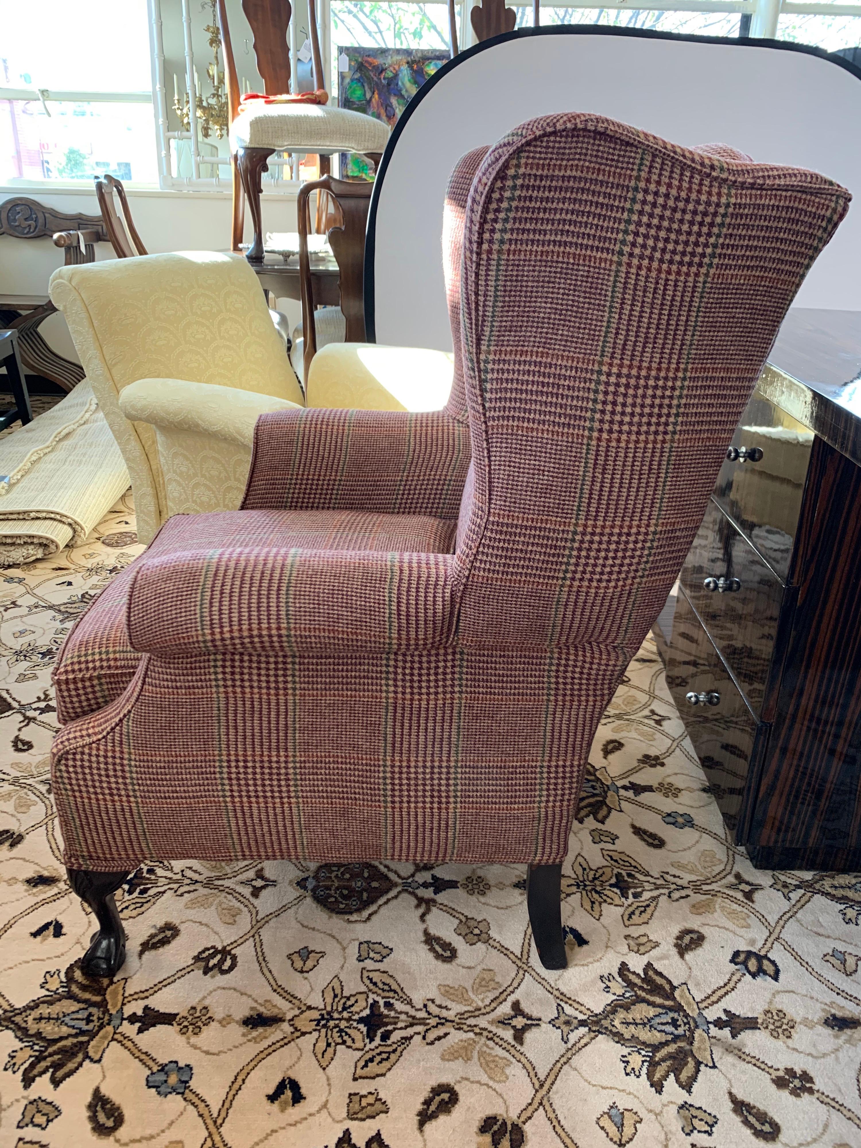 Mahogany Wingback Reading Chair Newly Upholstered with Ralph Lauren Tartan Wool 7