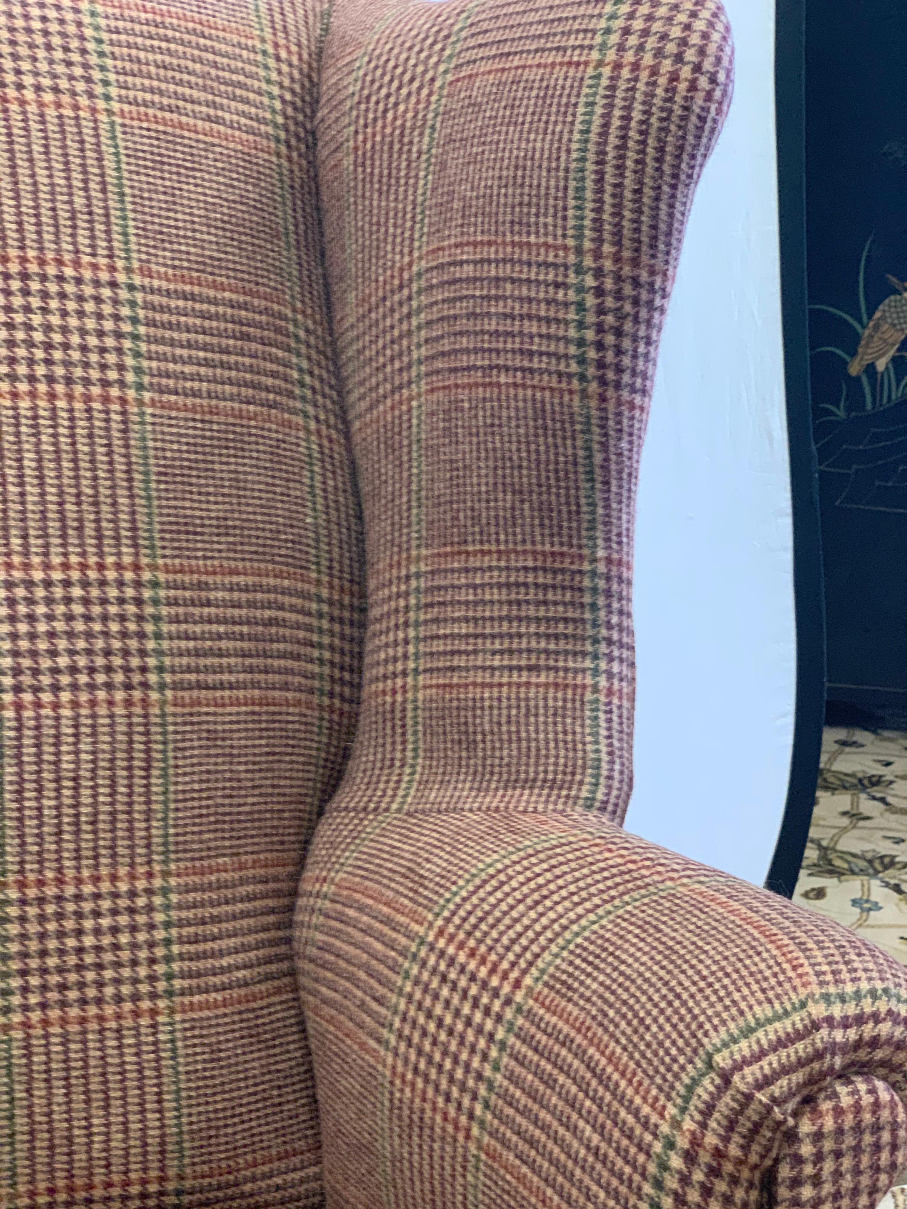 Mahogany Wingback Reading Chair Newly Upholstered with Ralph Lauren Tartan Wool 6