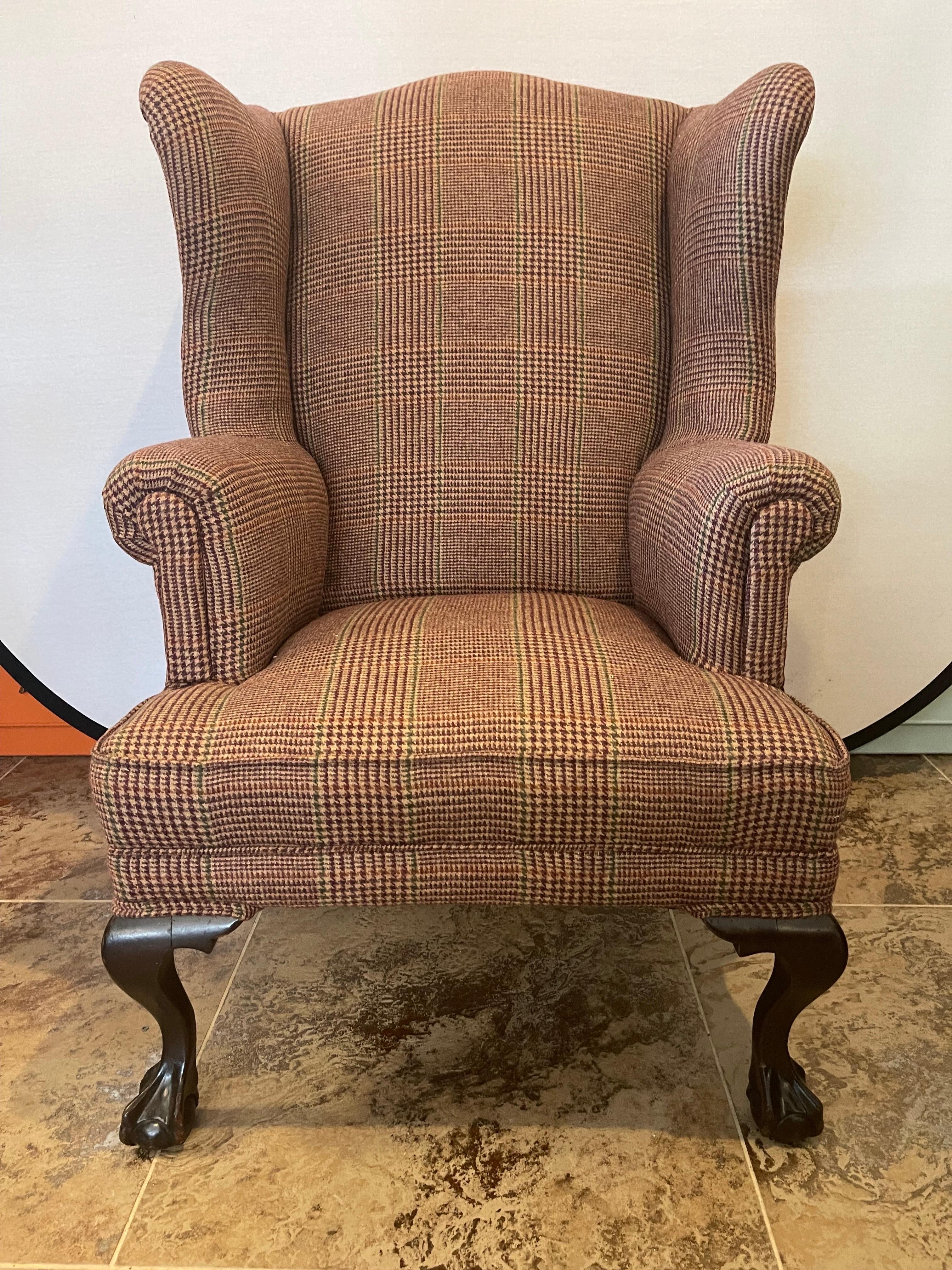 Georgian Mahogany Wingback Reading Chair Newly Upholstered with Ralph Lauren Tartan Wool