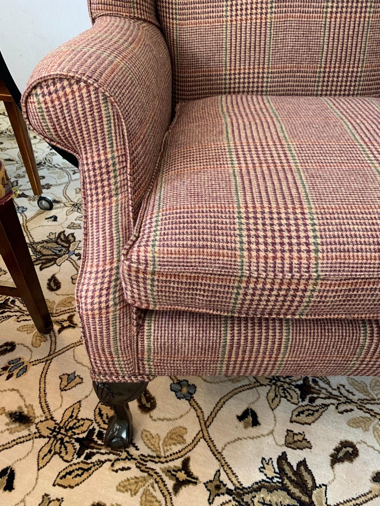 Mahogany Wingback Reading Chair Newly Upholstered with Ralph Lauren Tartan Wool at 1stDibs