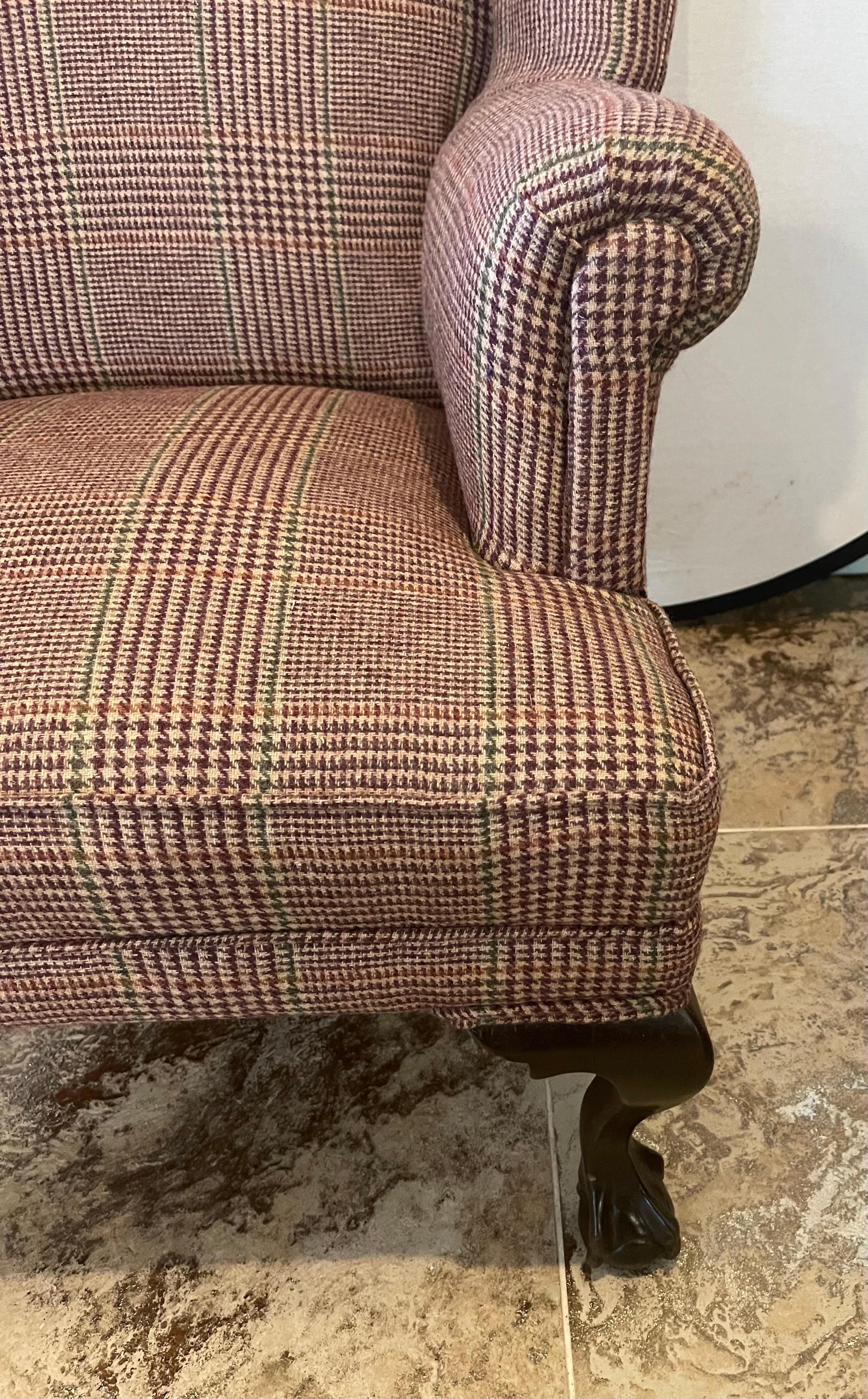 Mahogany Wingback Reading Chair Newly Upholstered with Ralph Lauren Tartan Wool In Good Condition In West Hartford, CT