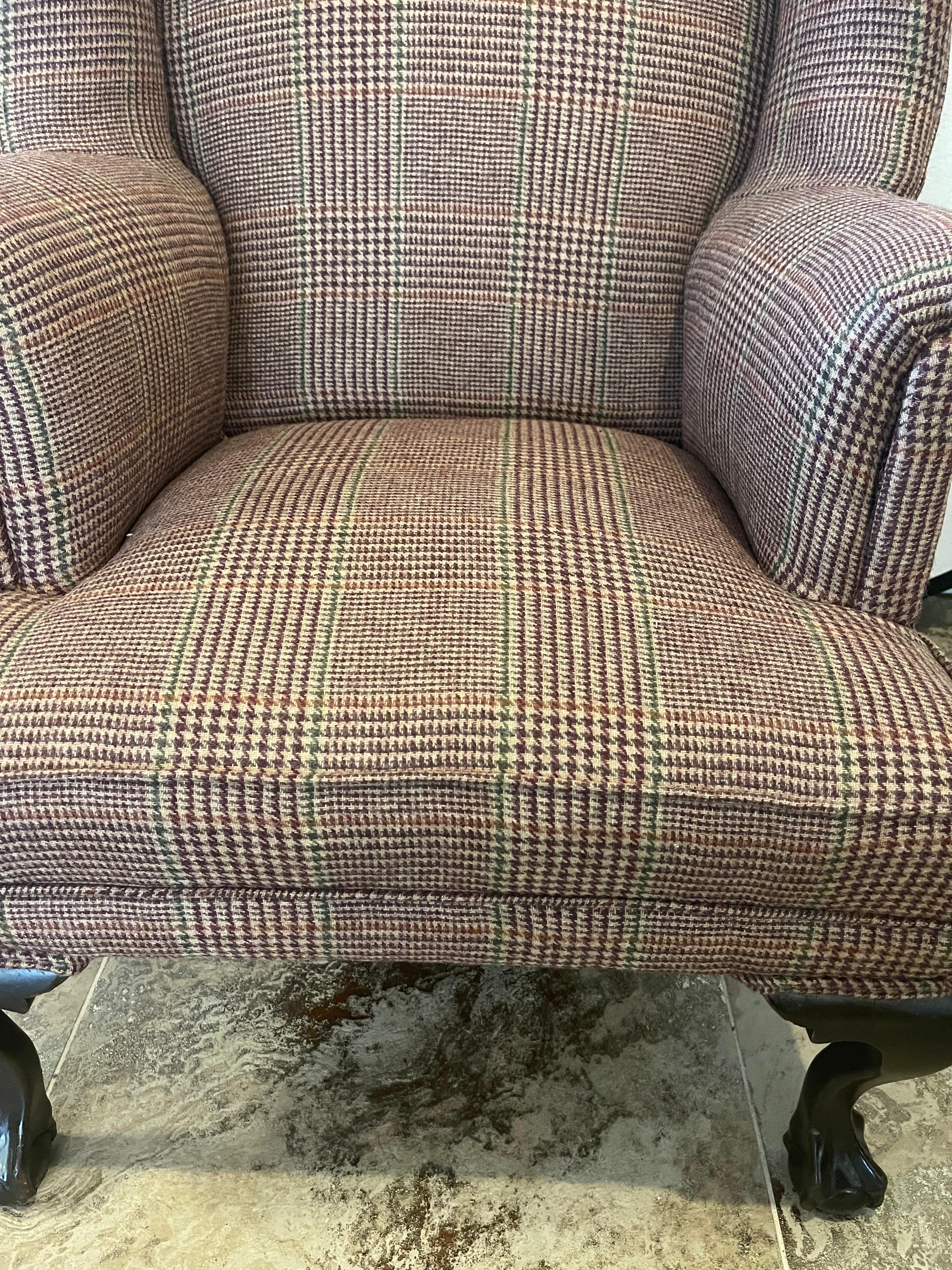 20th Century Mahogany Wingback Reading Chair Newly Upholstered with Ralph Lauren Tartan Wool