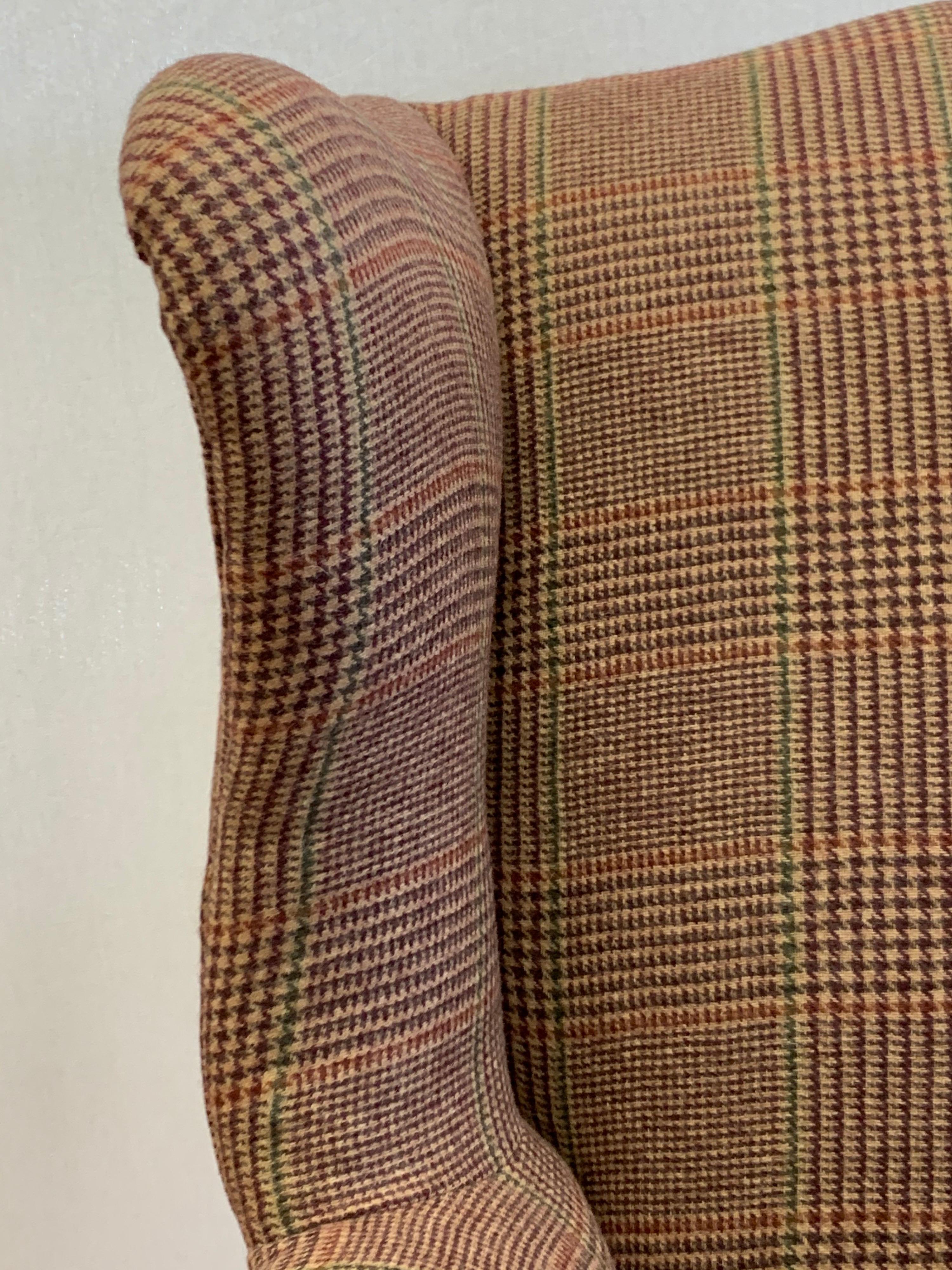 Mahogany Wingback Reading Chair Newly Upholstered with Ralph Lauren Tartan Wool In Good Condition In West Hartford, CT
