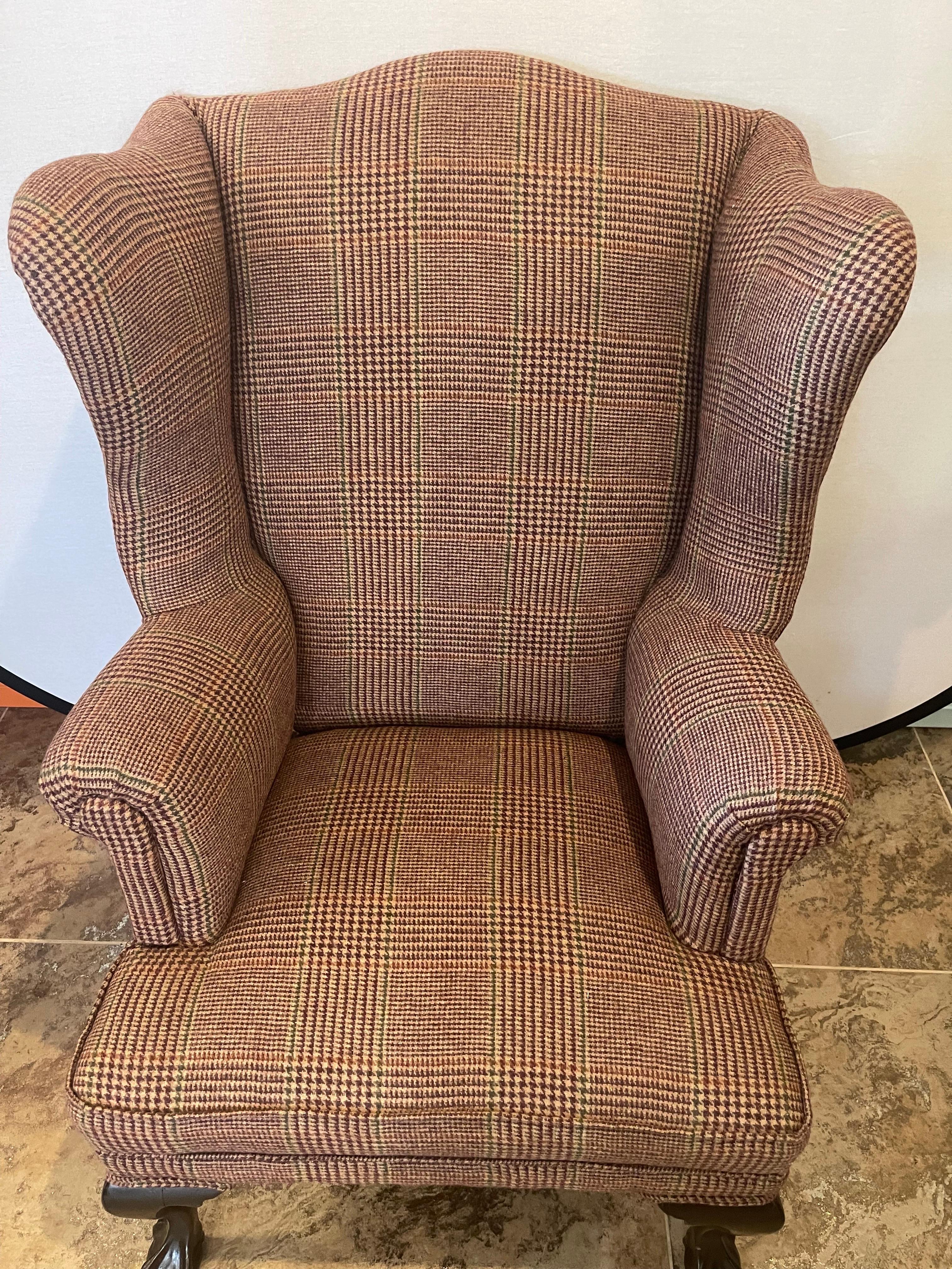 Mahogany Wingback Reading Chair Newly Upholstered with Ralph Lauren Tartan Wool 2