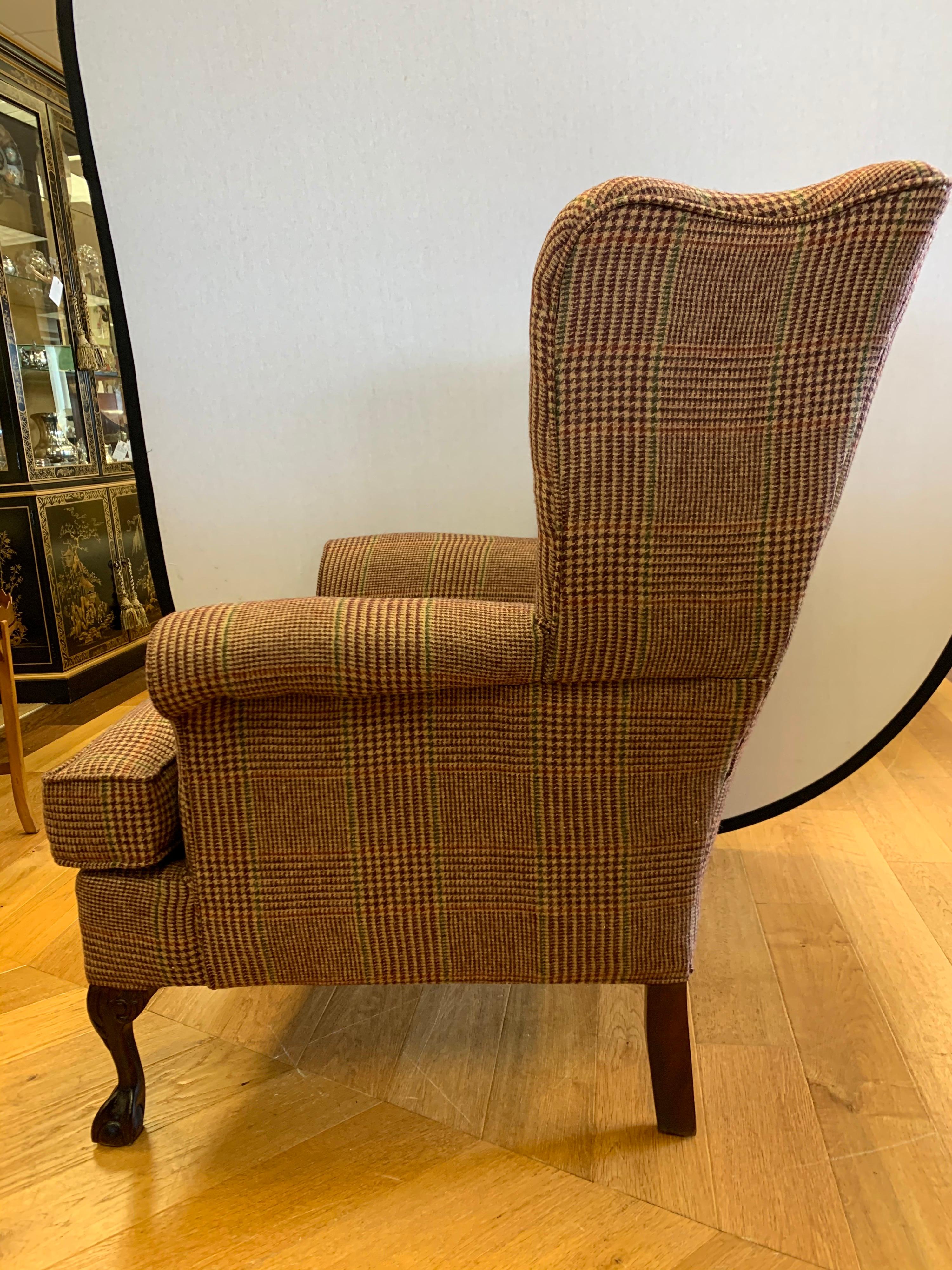 20th Century Mahogany Wingback Reading Chair Newly Upholstered with Ralph Lauren Tartan Wool
