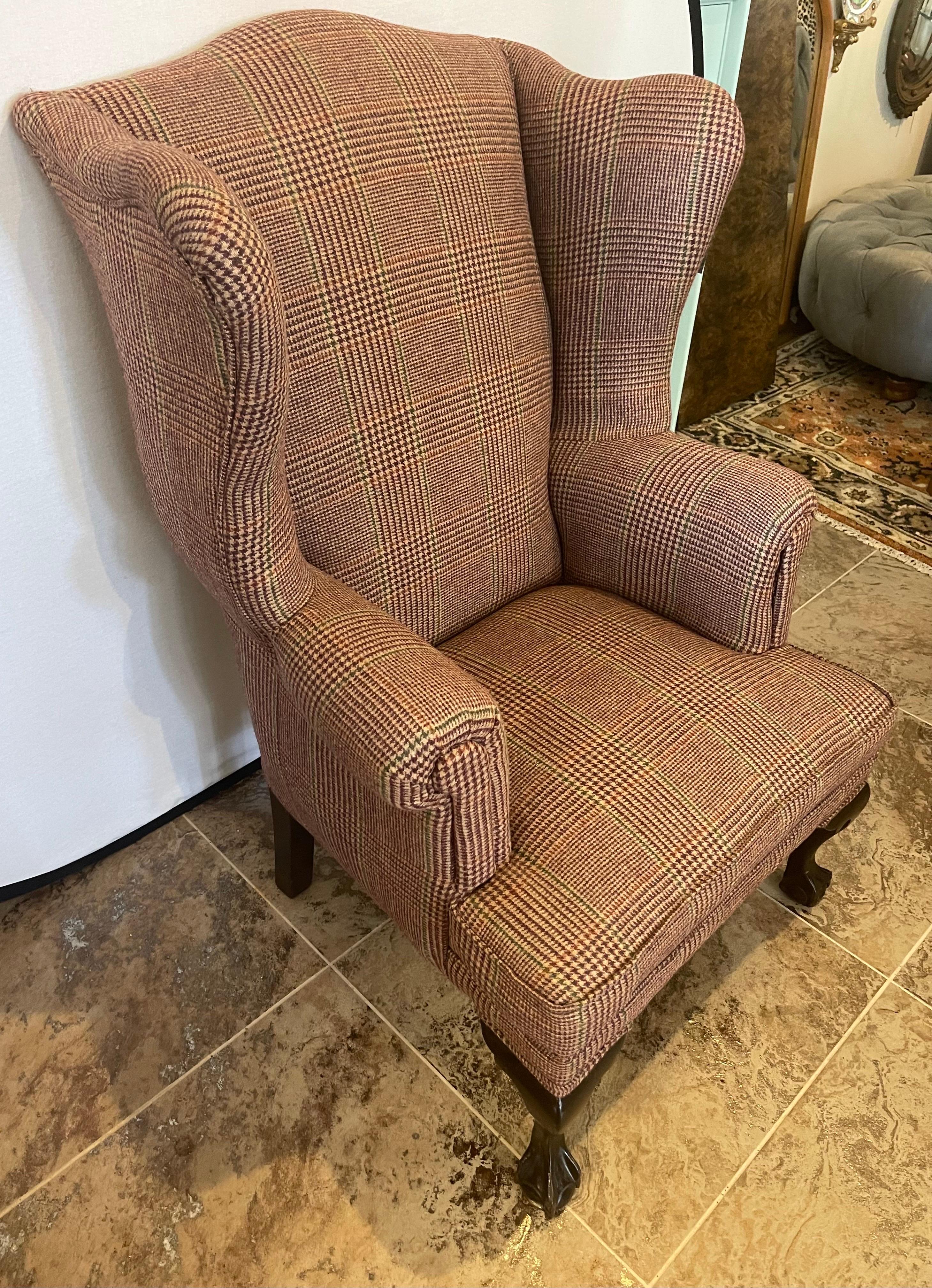 Mahogany Wingback Reading Chair Newly Upholstered with Ralph Lauren Tartan Wool 3