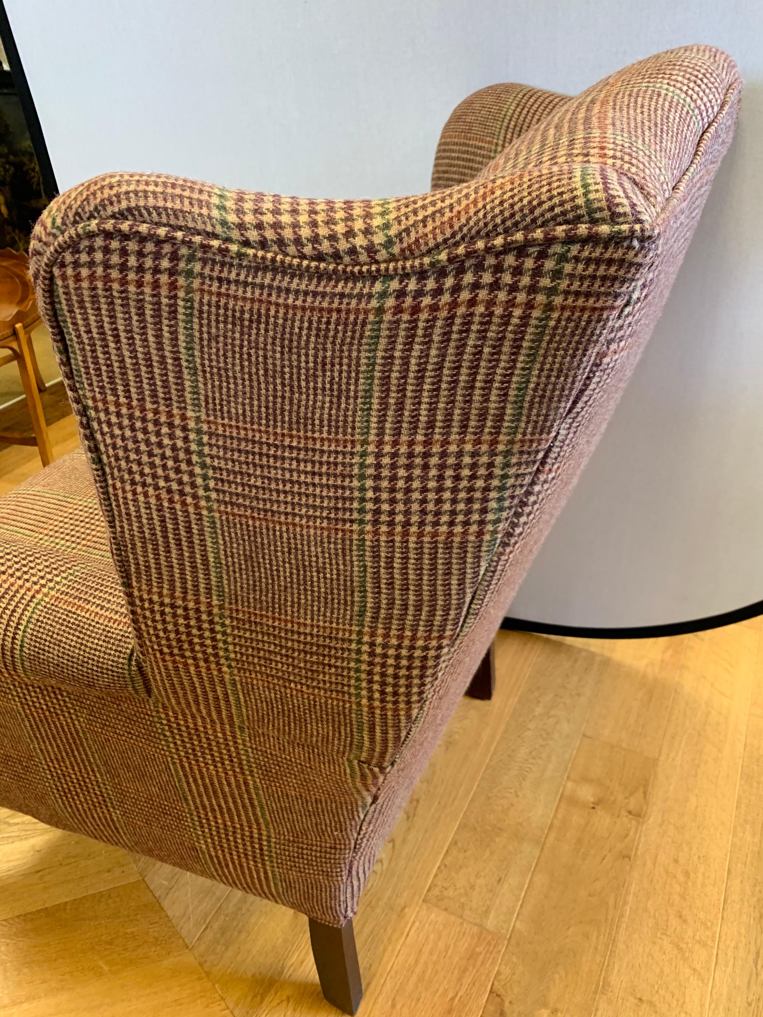 Mahogany Wingback Reading Chair Newly Upholstered with Ralph Lauren Tartan Wool 1