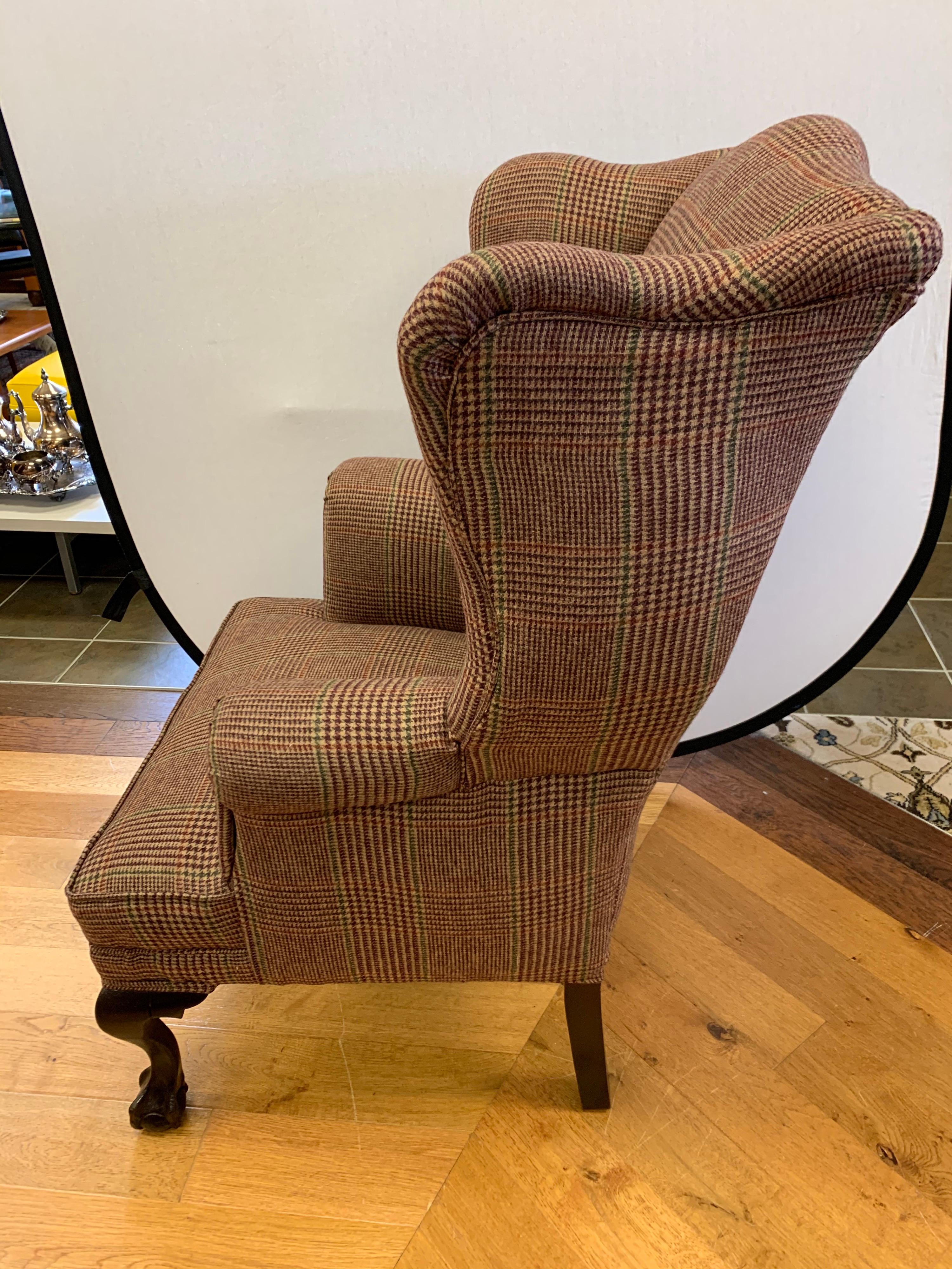 Mahogany Wingback Reading Chair Newly Upholstered with Ralph Lauren Tartan Wool 1