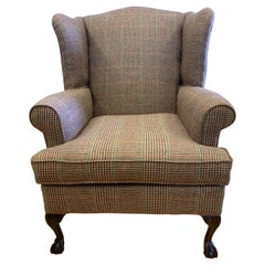 Mahogany Wingback Reading Chair Newly Upholstered with Ralph Lauren Tartan Wool