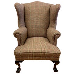 Mahogany Wingback Reading Chair Newly Upholstered with Ralph Lauren Tartan Wool