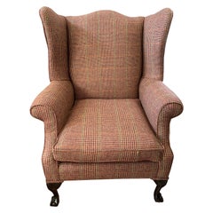 Antique Mahogany Wingback Reading Chair Newly Upholstered with Ralph Lauren Tartan Wool