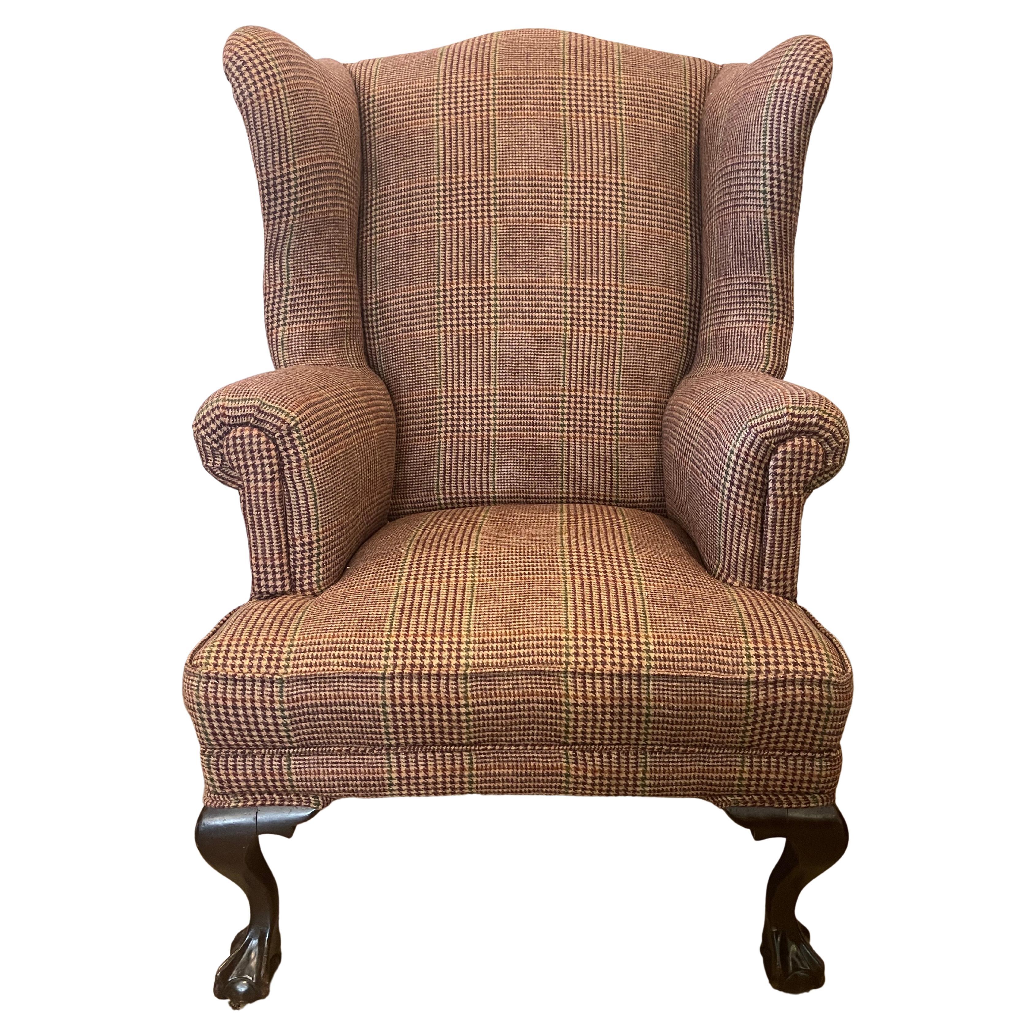Mahogany Wingback Reading Chair Newly Upholstered with Ralph Lauren Tartan Wool