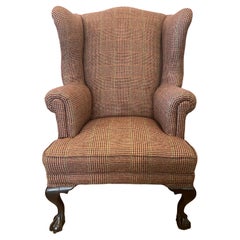 Antique Mahogany Wingback Reading Chair Newly Upholstered with Ralph Lauren Tartan Wool