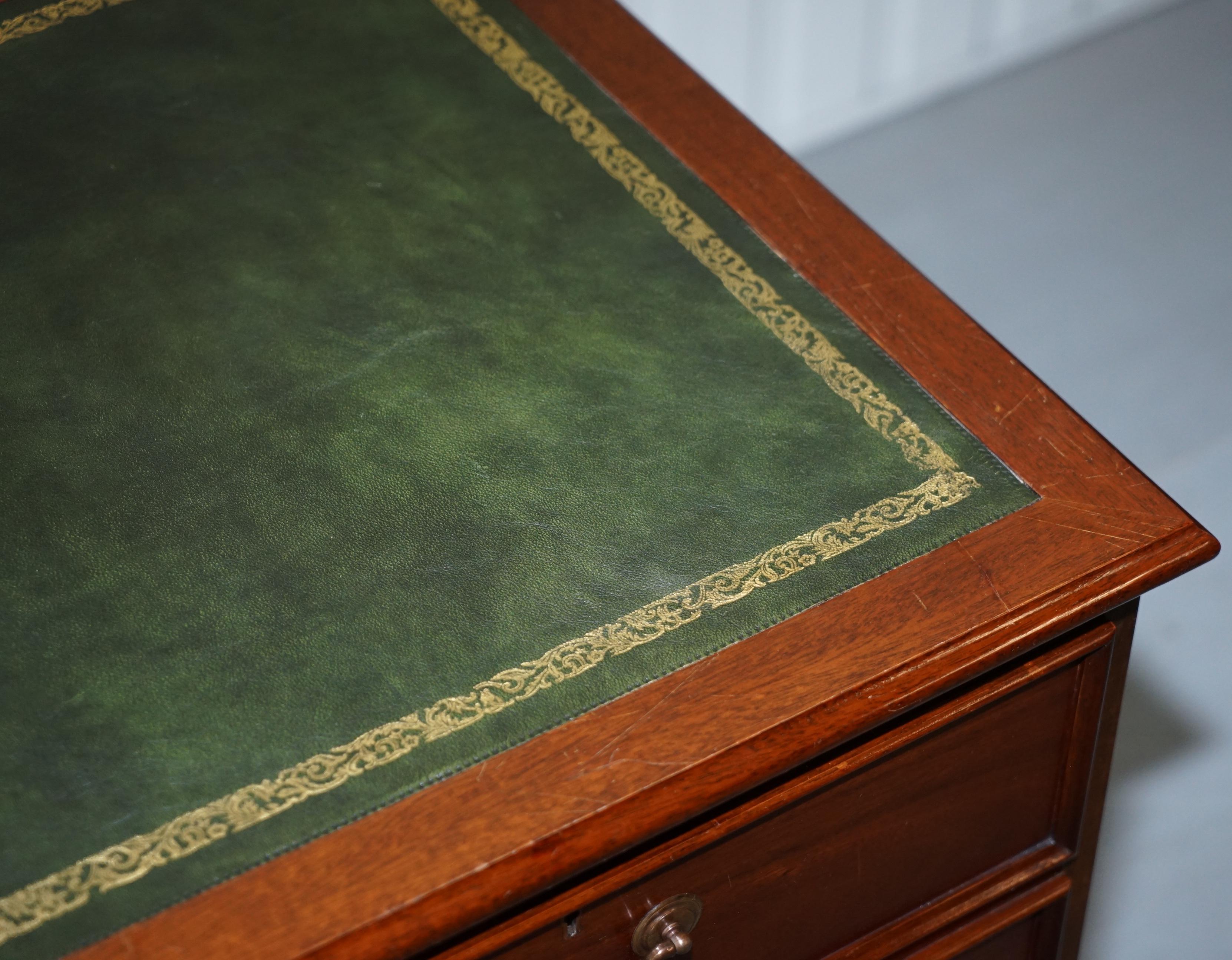 Hand-Carved Mahogany with Green Leather Double Filing Cabinet Matching Desk Available Gold