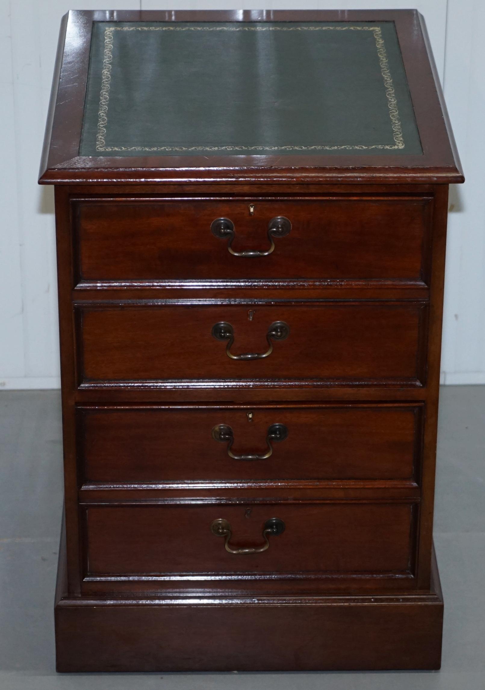 We are delighted to offer for sale this lovely Mahogany with green leather writing surface filing cabinet

I have the matching desk for this filing cabinet listed under my other items

The green leather writing surface is silver tooled and it