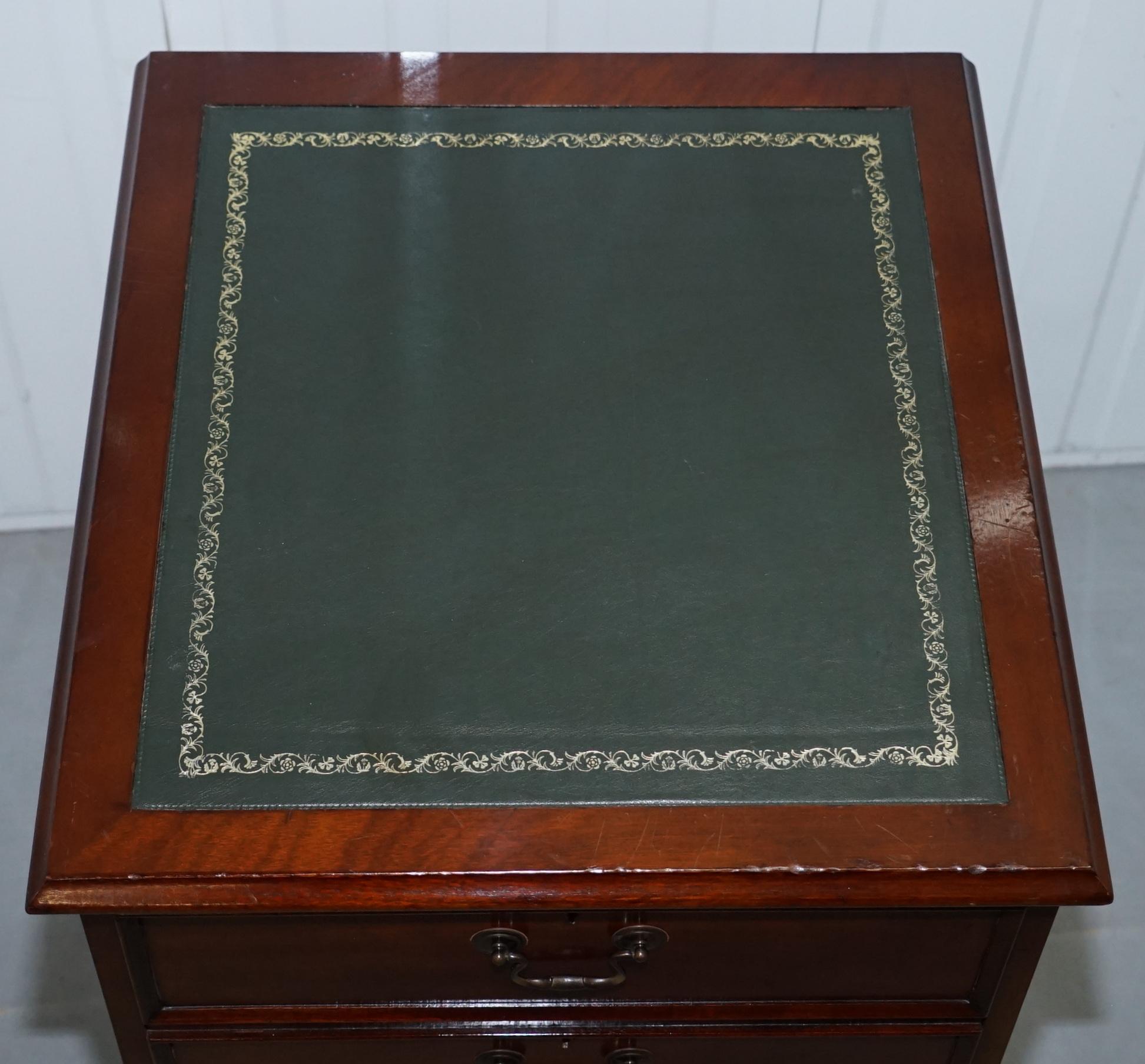 Hand-Carved Mahogany with Green Leather Double Filing Cabinet Matching Desk Available Silver