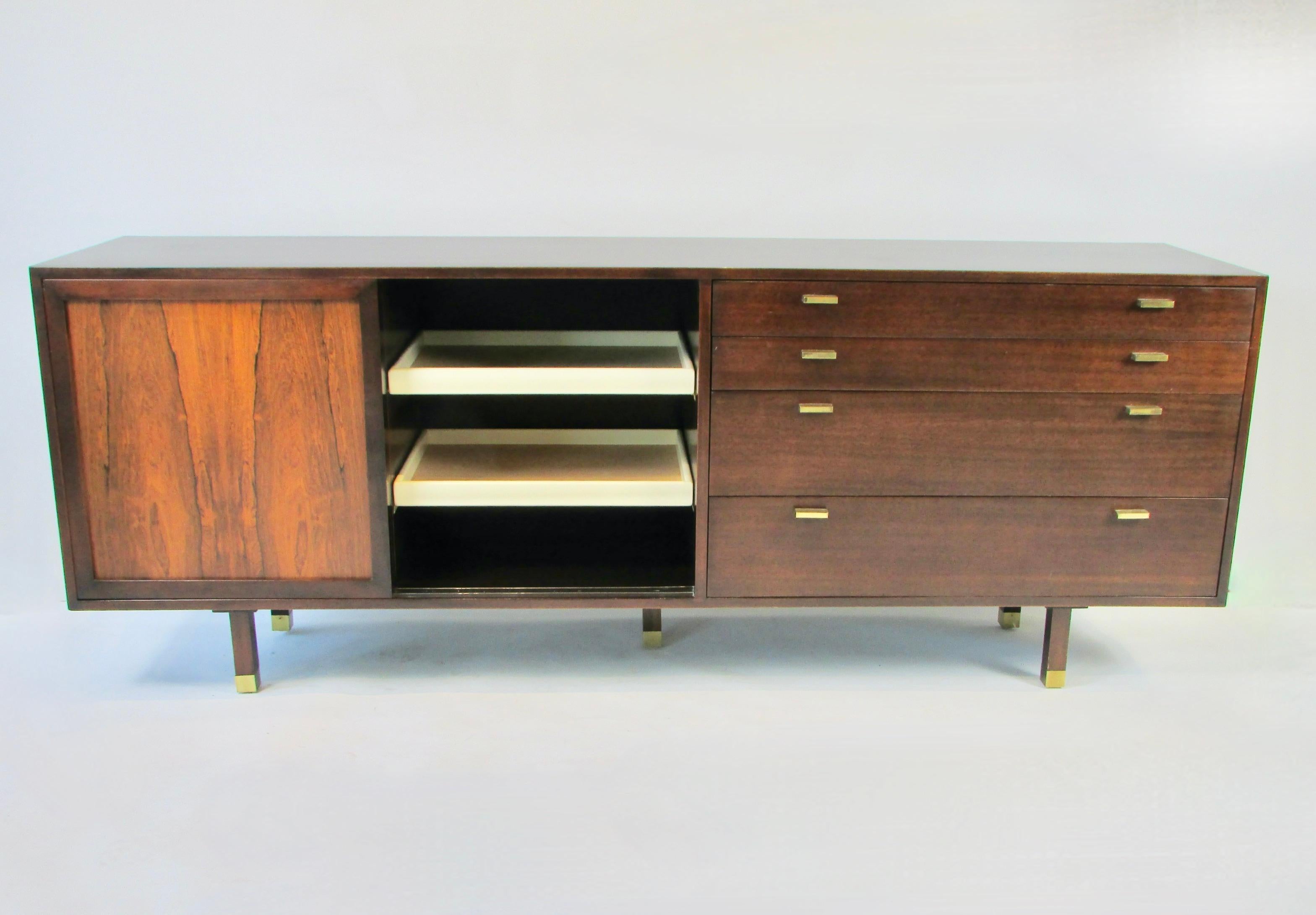 20th Century Harvey Probber Mahogany Credenza With sliding Rosewood Doors and Drawers For Sale