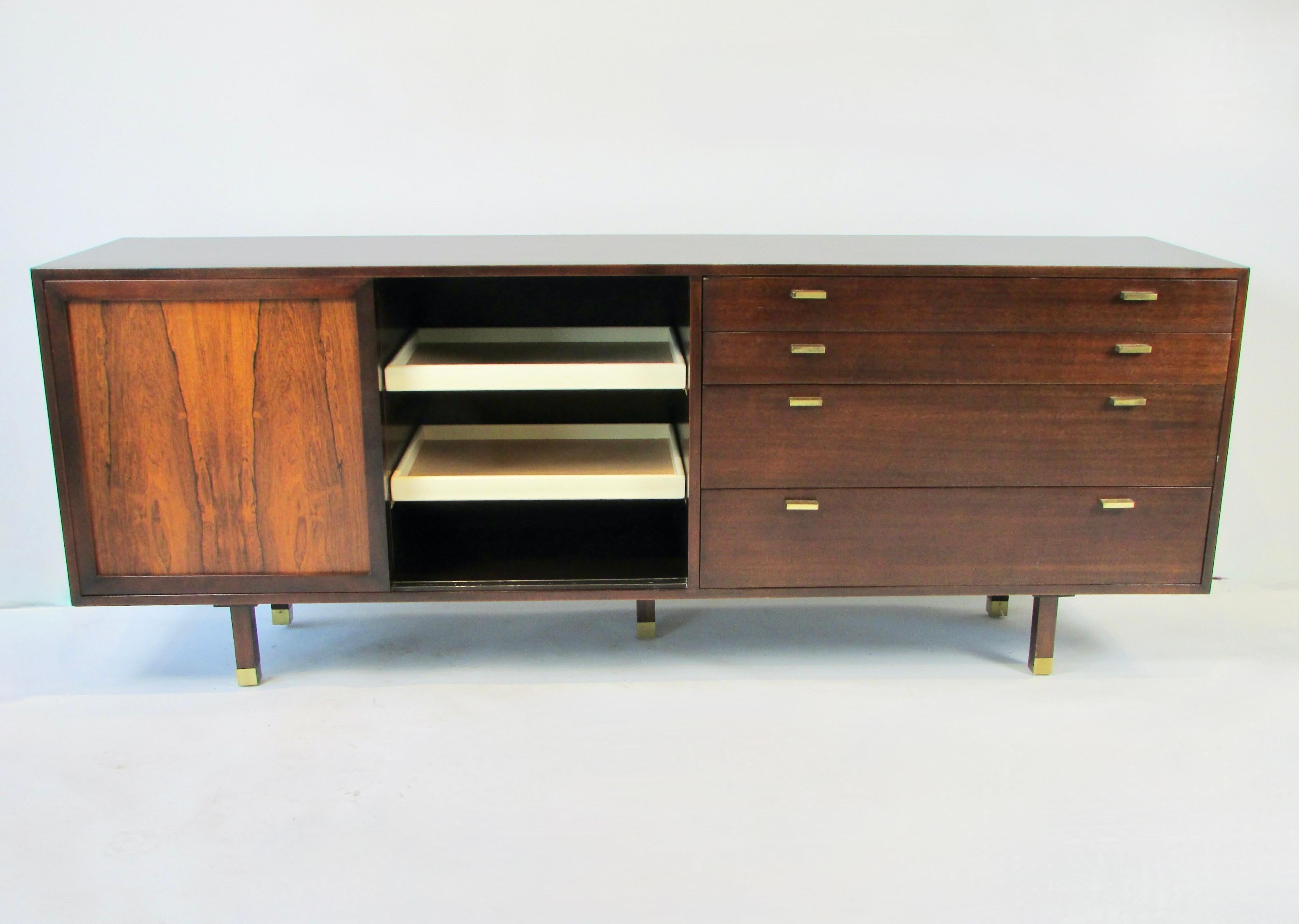 Brass Harvey Probber Mahogany Credenza With sliding Rosewood Doors and Drawers For Sale