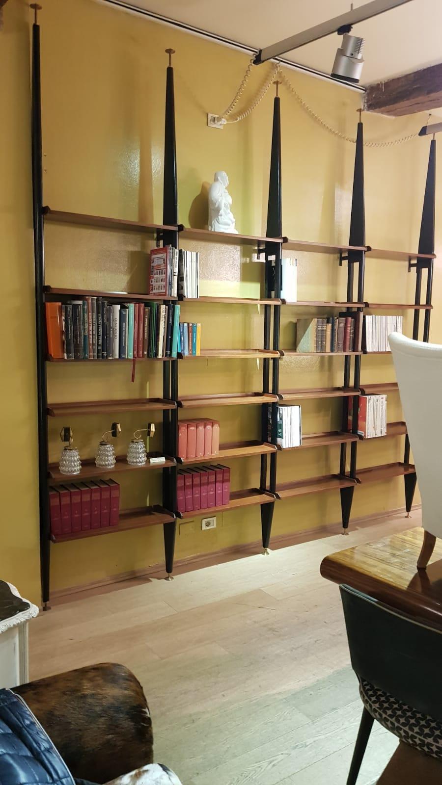 Mahogany Wood Adjustable Shelves Six Black Metal Uprights Bookcase, Italy, 1950s 5