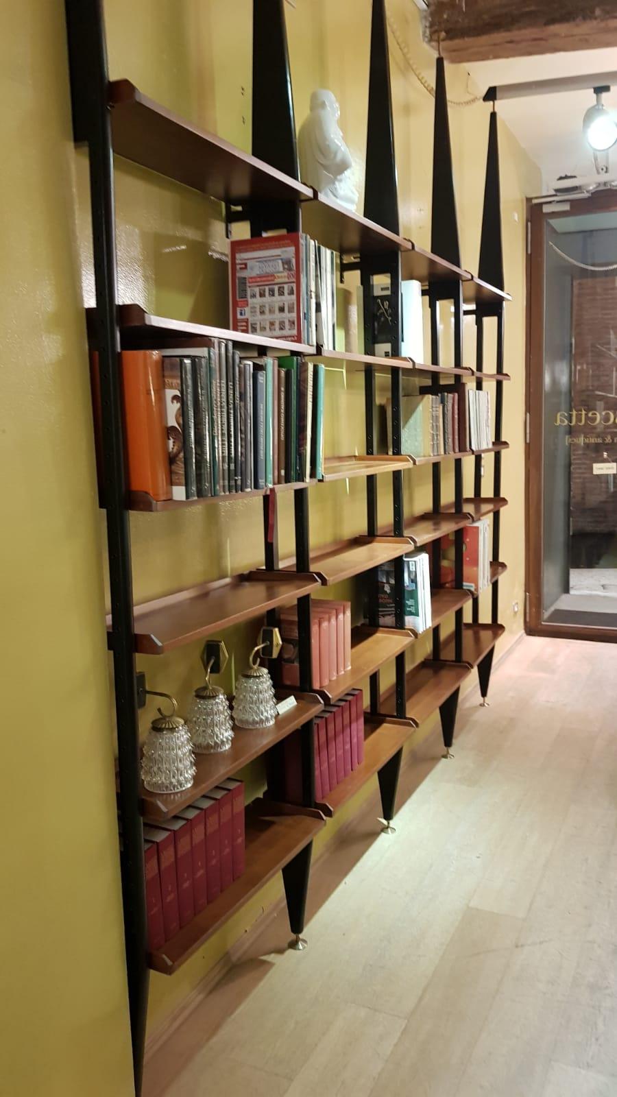 Mahogany Wood Adjustable Shelves Six Black Metal Uprights Bookcase, Italy, 1950s 6