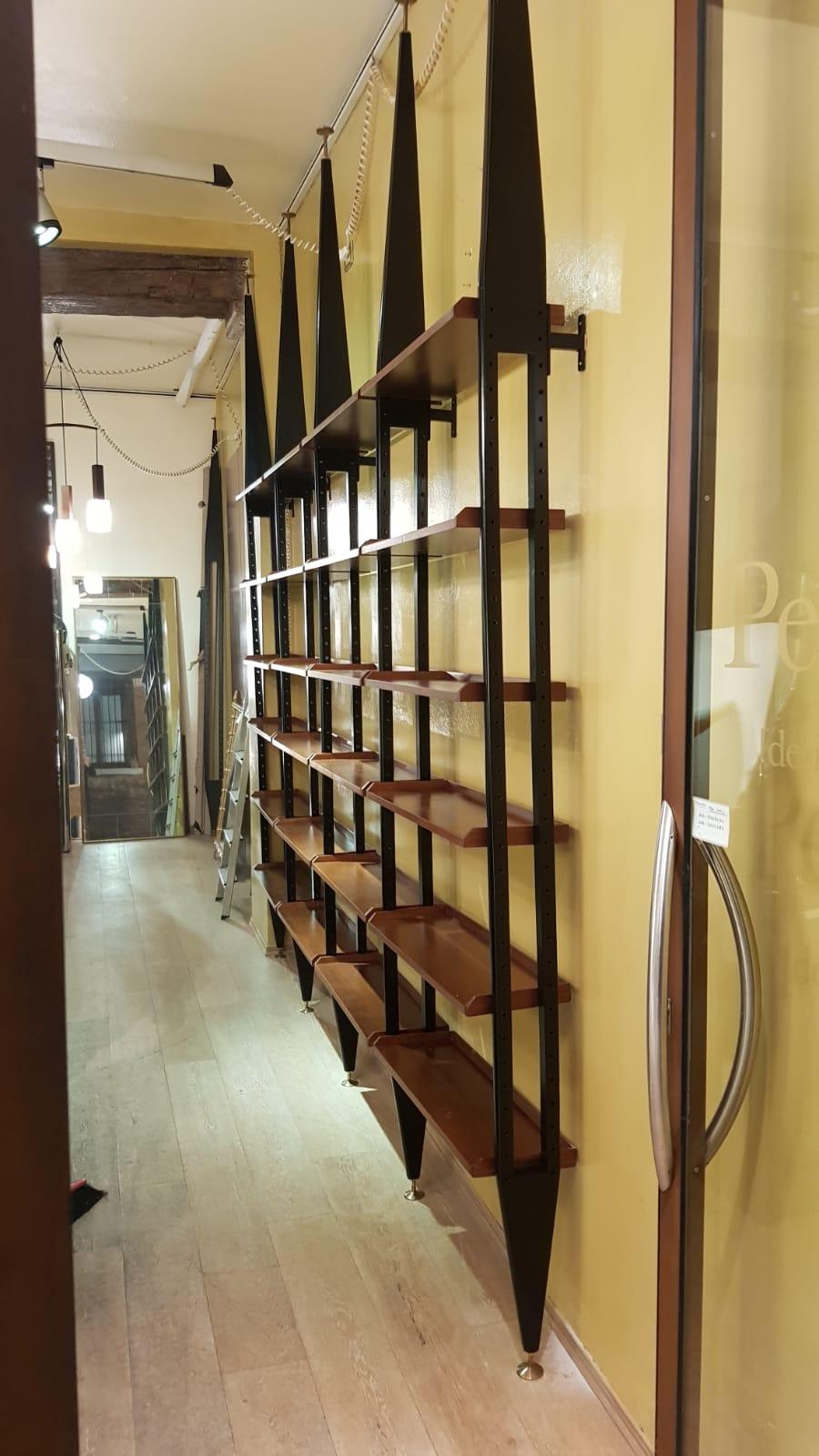 Mid-Century Modern Mahogany Wood Adjustable Shelves Six Black Metal Uprights Bookcase, Italy, 1950s