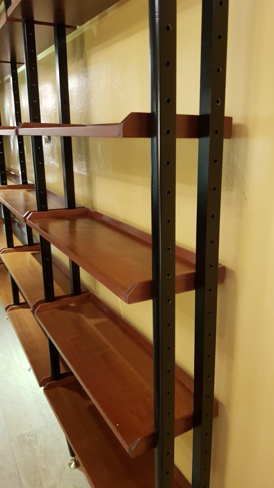 Mahogany Wood Adjustable Shelves Six Black Metal Uprights Bookcase, Italy, 1950s 1