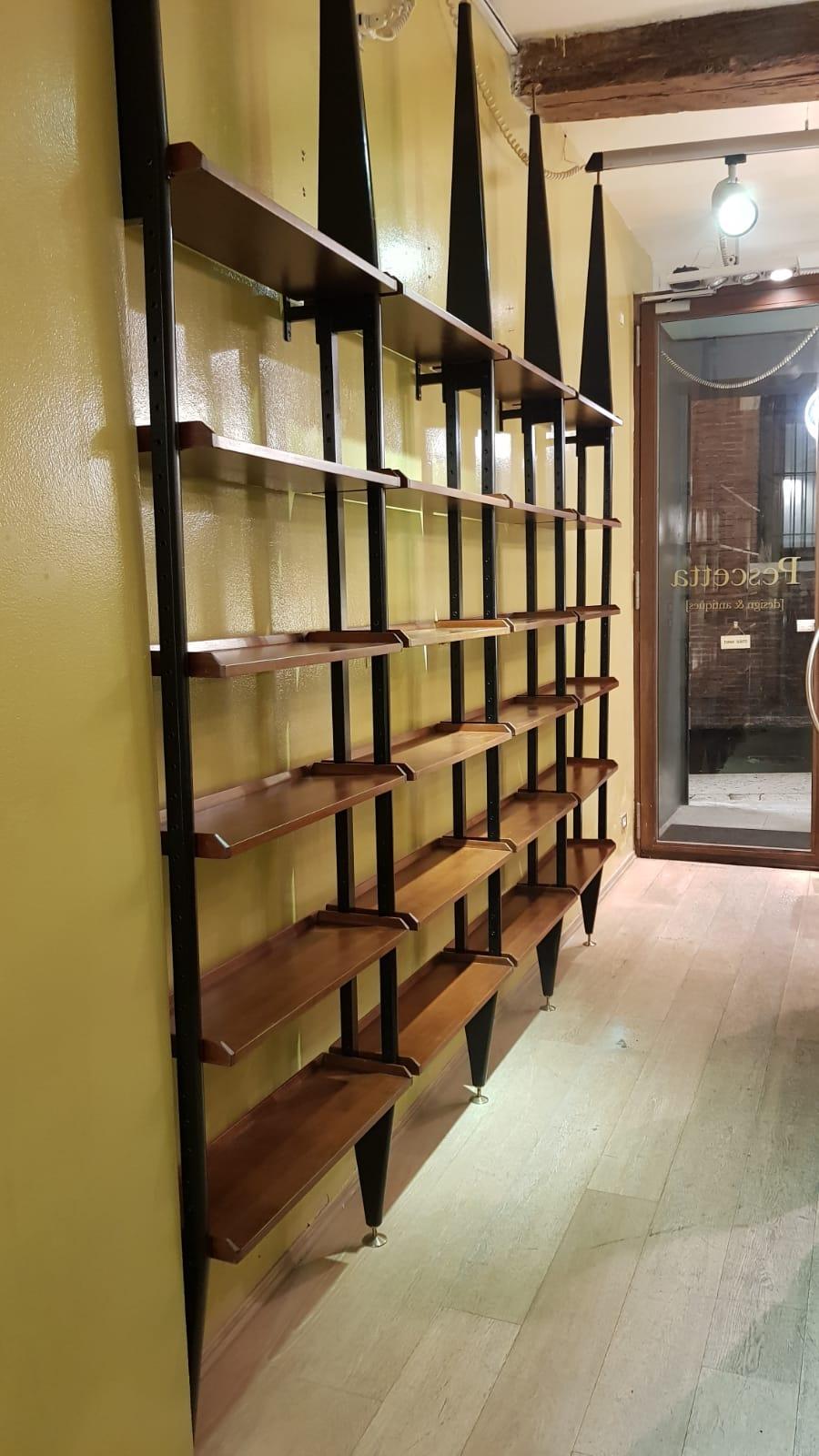 Mahogany Wood Adjustable Shelves Six Black Metal Uprights Bookcase, Italy, 1950s 4