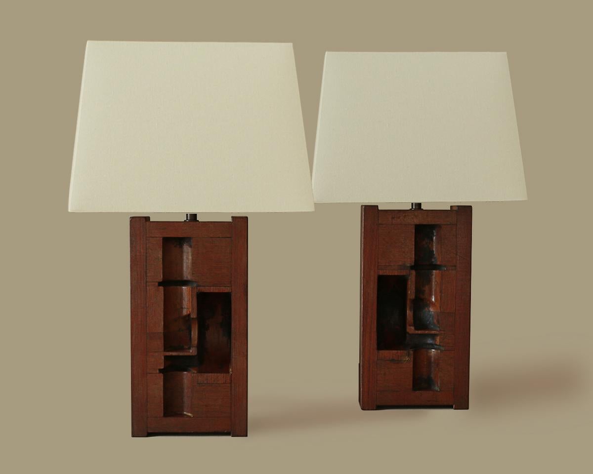 This beautiful Mahogany Foundry Lamp pair was created in 2024 by Artig Lighting using vintage Mahogany Foundry molds from the 1920s.

-New brown woven UL-listed cords, plug
-E26 fully dimmable sockets
-New harps in antique brass
-Off-white linen